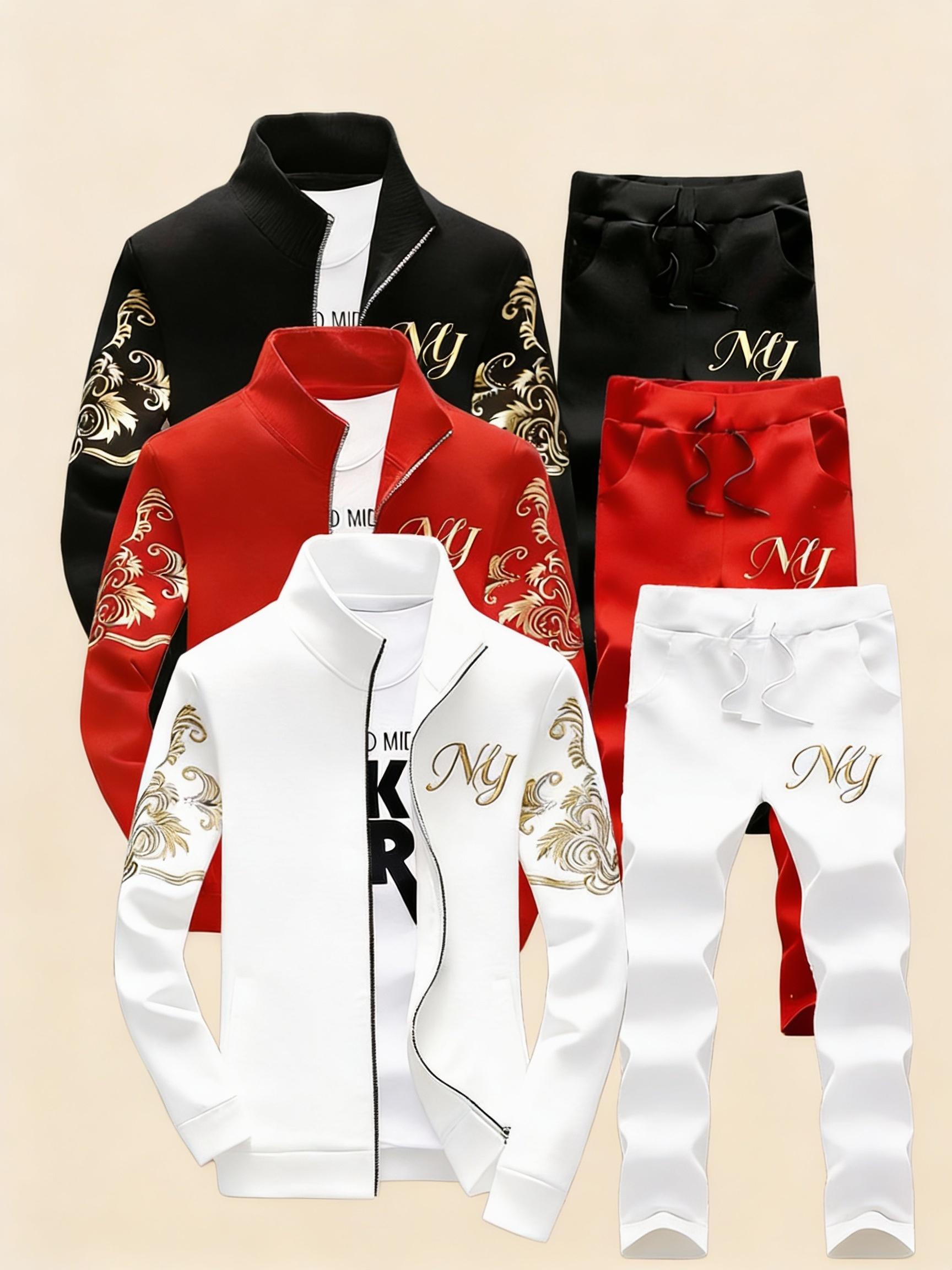 Fashion Men's 3-Piece Coordinated Set with Embroidered Logo and Zipper Closure in Black Red and White