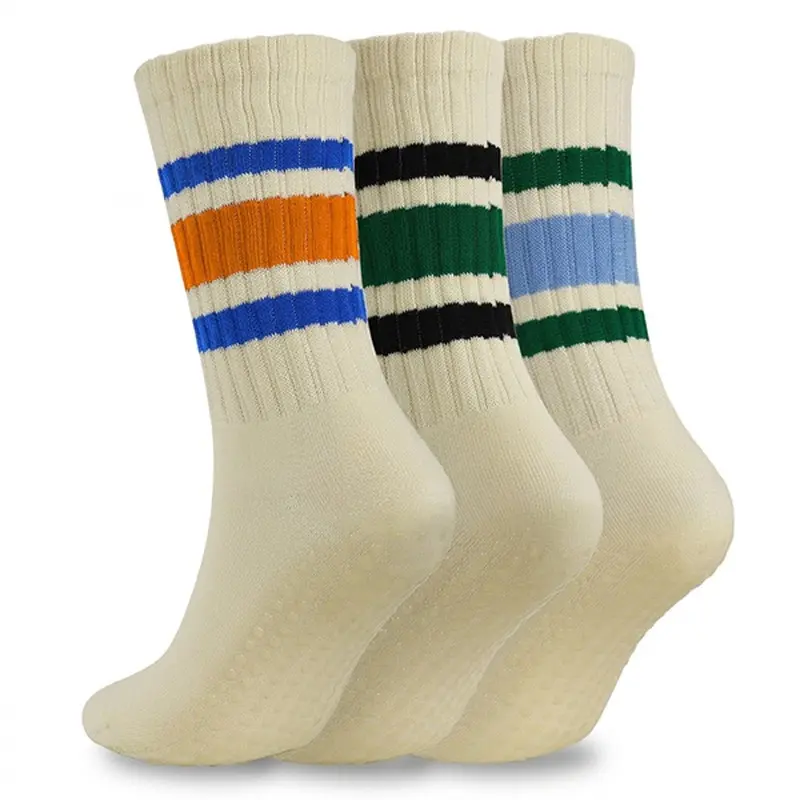 Mid-Calf Grip Socks with Retro Colorblock Style for Yoga, Pilates, and Daily Wear