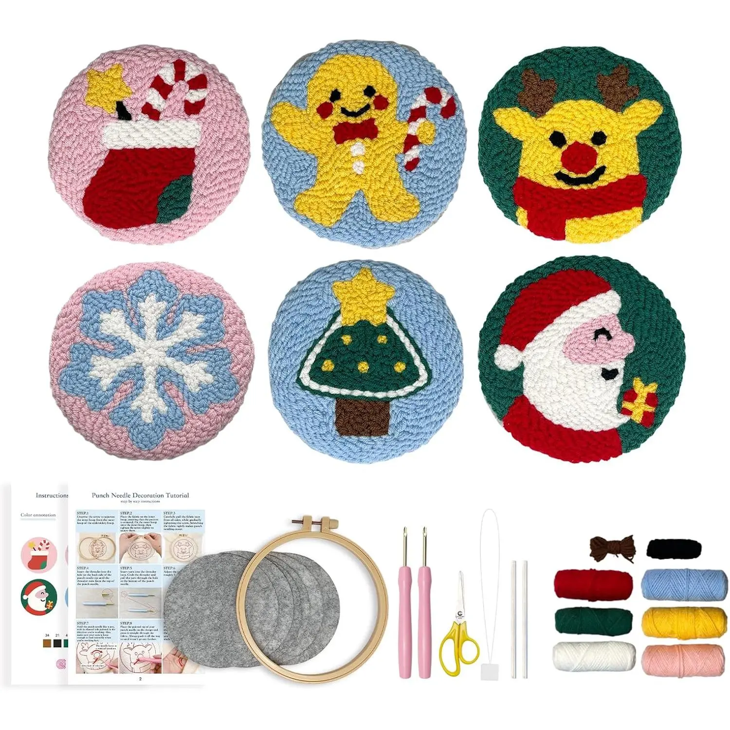 Christmas Punch  Kit for Adults Beginners, Easy Punch Embroidery Coaster Starter Set with Instruction – Fun Mug Rug Making Kit for Table Decor & Festival DIY Gifts