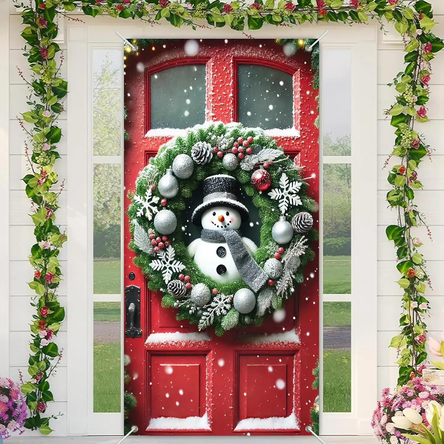 Christmas Snowman Door Cover Holiday Wreath Winter Scene with Red Door  Ornaments and Snowflakes for Front Porch Outdoor Party Wall Decoration 35 x 71 Inch