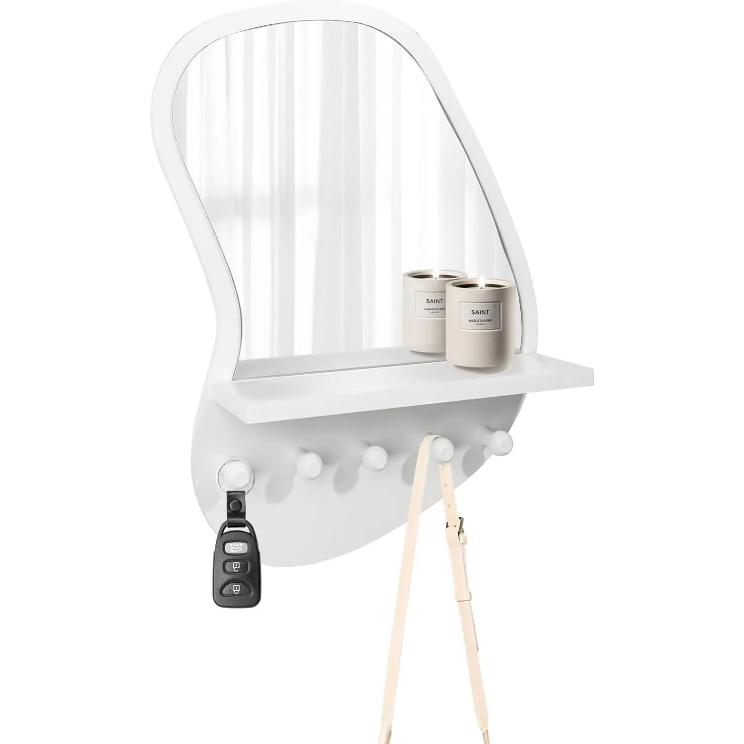 SANY DAYO HOME Wall-Mount Wood Frame Irregular Glass Mirror with Hooks & Shelf, 5 Wooden Hooks, Easy-Installation Modern Entryway Decor Mirror, 16x12 in for Bedroom (White)