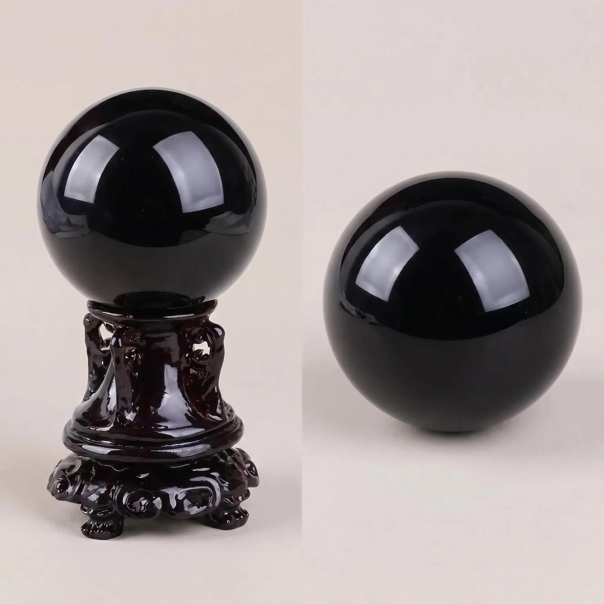 Minimalist Mirror Finish Smelted Natural Obsidian Spherical Decoration with Matching Stable Resin Stand, Harmonious Peaceful Cultural Desktop Ornament to Create Calm Vibe for Indoor Living Space