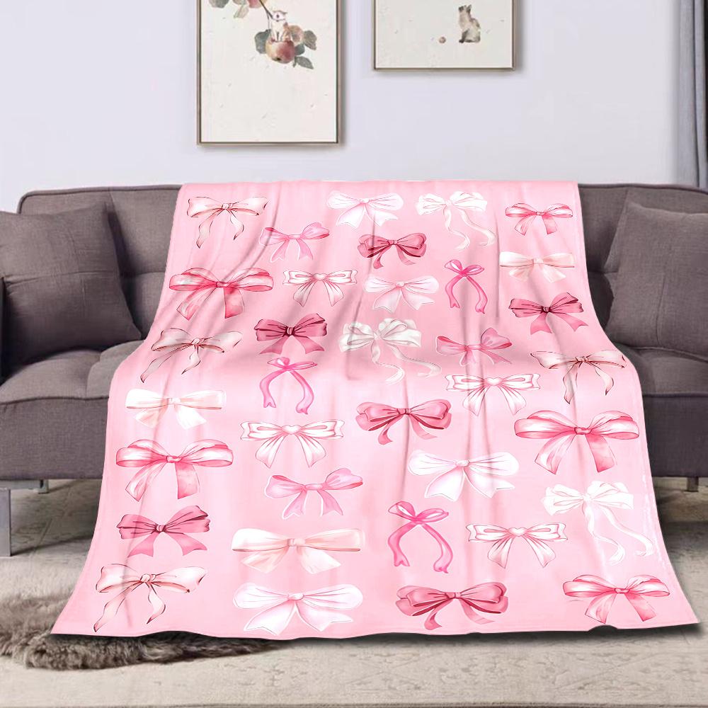 [Pink Bow Print Flannel Blanket] Soft Pink Bow Print Flannel Throw Blanket - Cozy All-Season Comfort for Couch, Bed, Office, and Travel - Perfect Gift for Family and Friends-280GSM