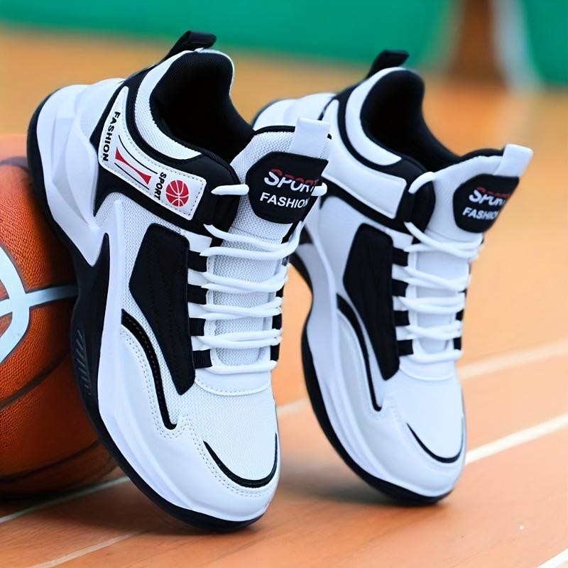 Men's-Top Basketball Sneakers - White with Red Accents, Lace-Up, Rubber Sole, Casual & Training All-Season Shoes