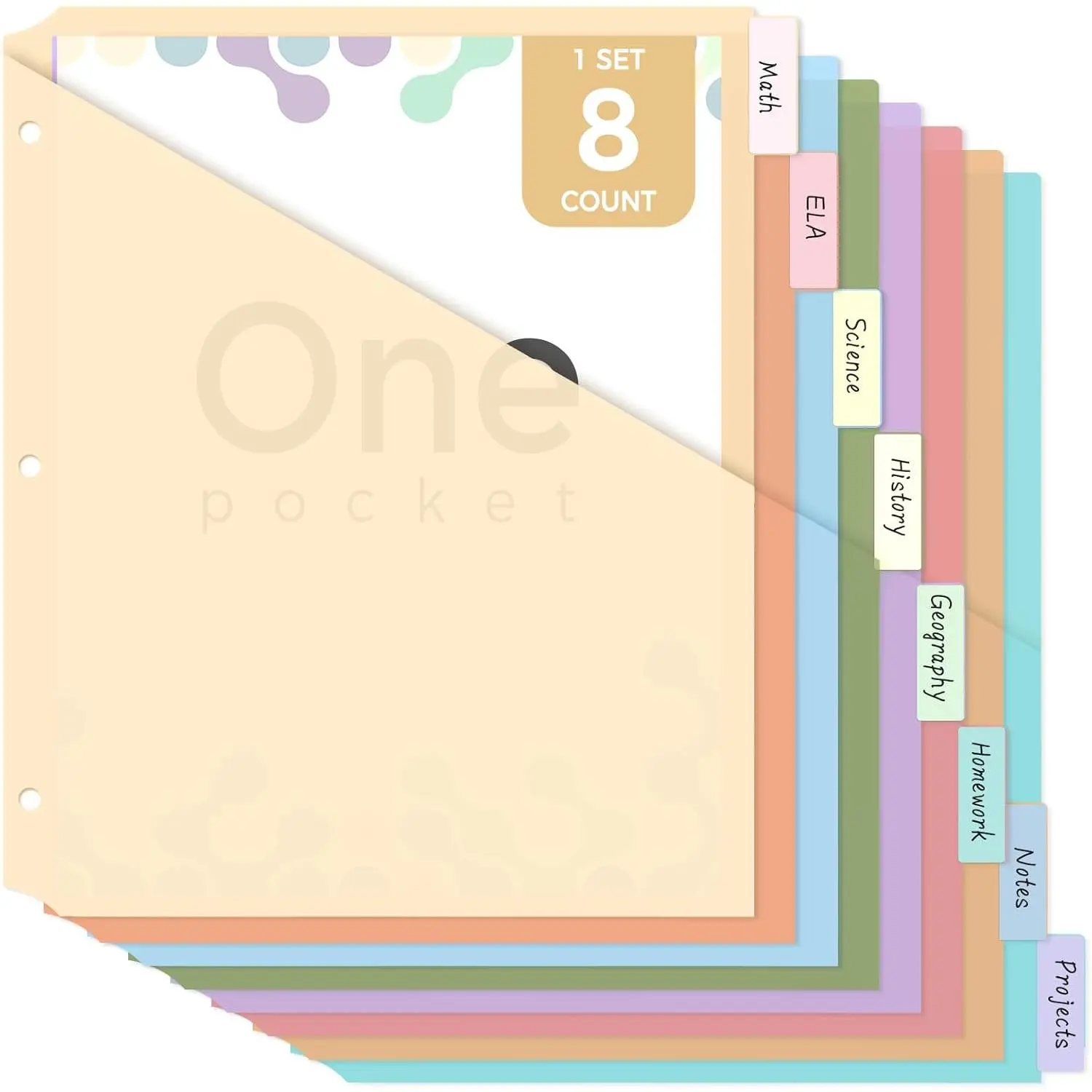 Binder Dividers with Tab, Pastel Dividers for 3 Ring Binder with Pockets – 8-Tab Durable Plastic Binder Dividers, Single Pocket File Organizers with Matching Label Stickers, Boho