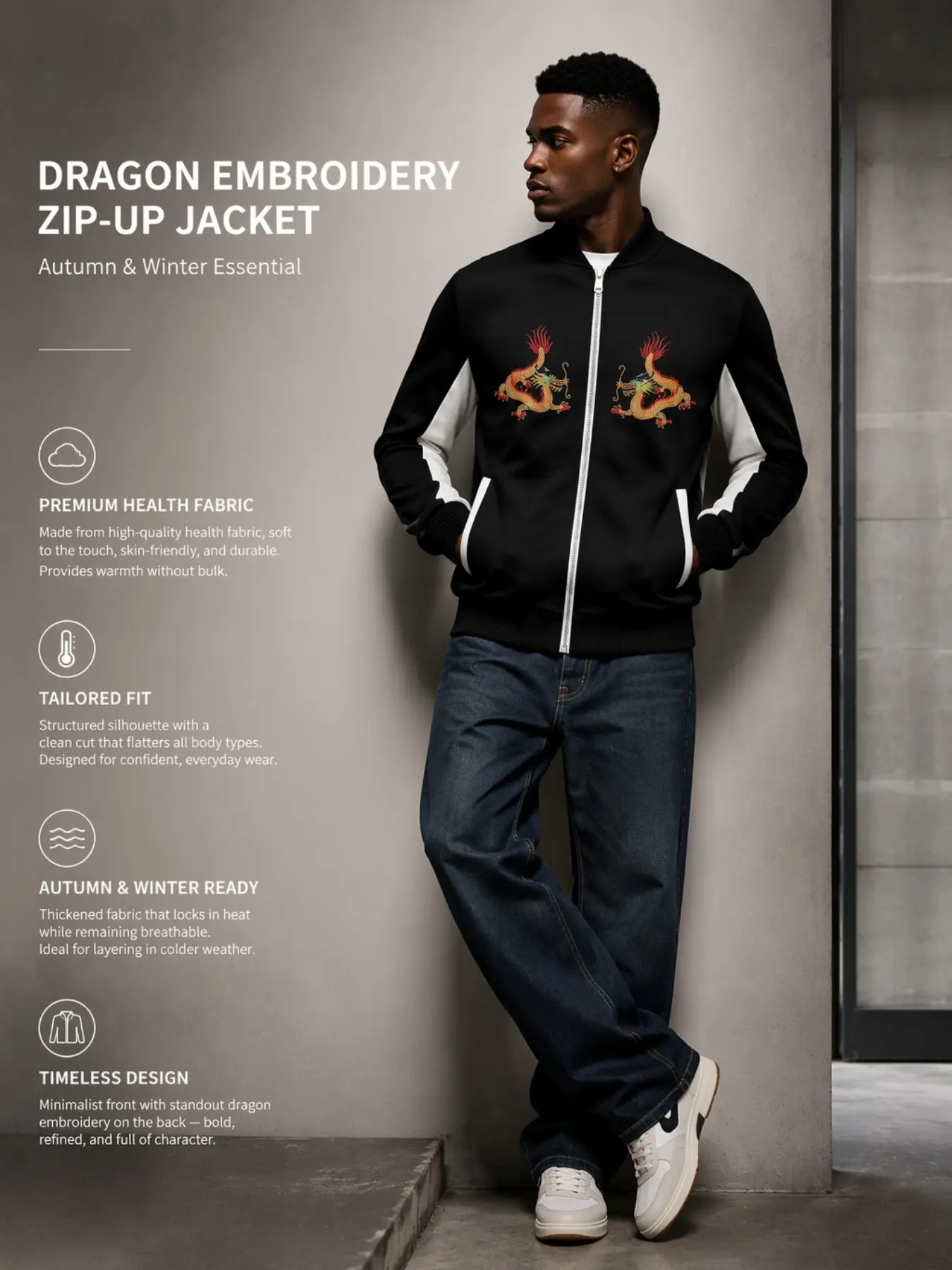Men's Dragon Embroidery Full Zip Baseball Jacket, Oriental Pattern Windproof Jacket, Colorblock Stripes Fall Winter Streetwear Outerwear