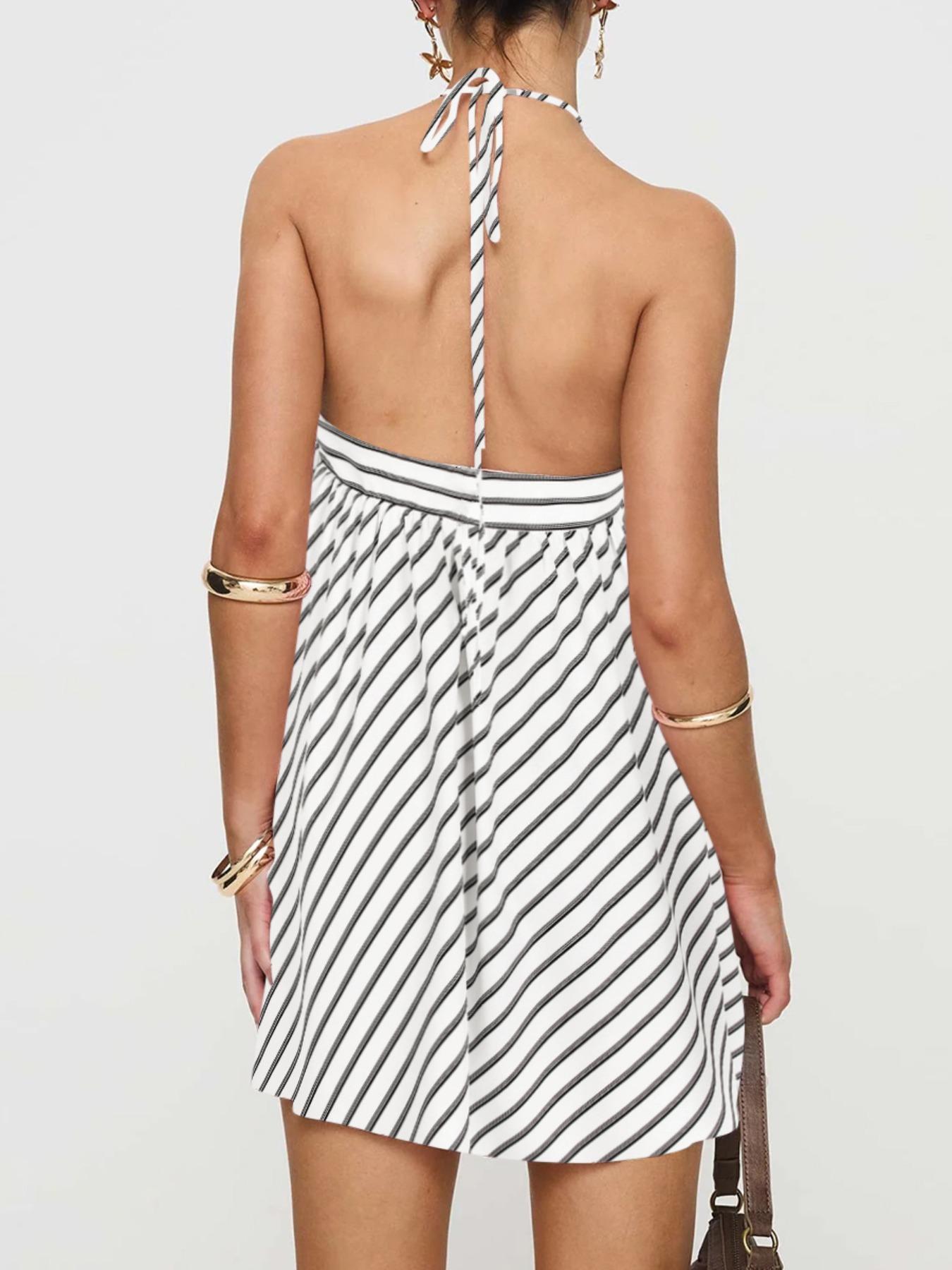 Women's Striped Print Halter Neck Dress, Bohemian Halter Dress, Casual Sleeveless Short Dress for Summer, Beach Holiday Dress, Ladies Clothes for Daily Wear