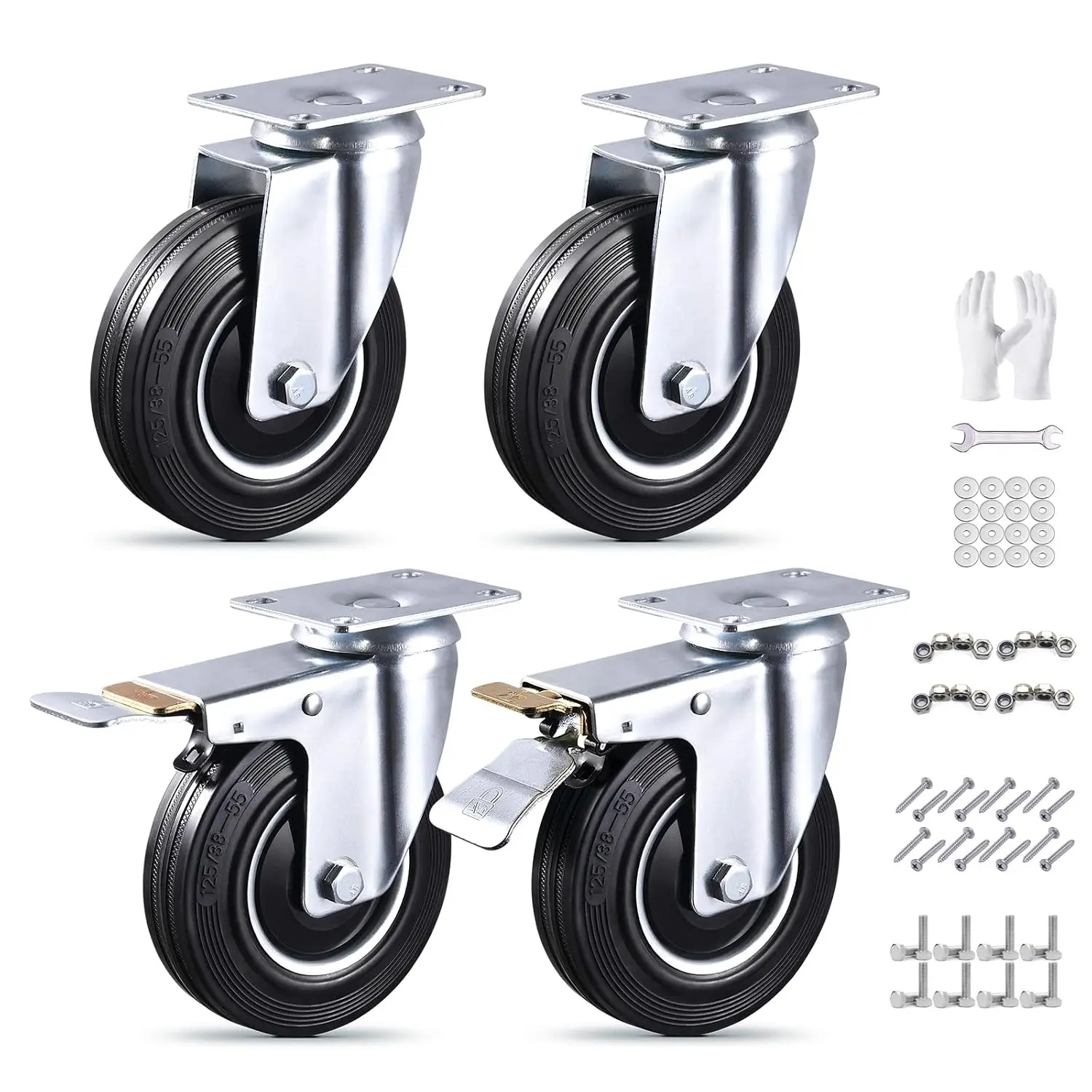 5 Inch Caster Wheels Set of 4 Heavy Duty, 1120 Lbs Dust-Proof Rubber Casters, Locking Swivel Wheels for Workbench, Cart, Furniture & l Box (Hardware Kits & Gloves Included)