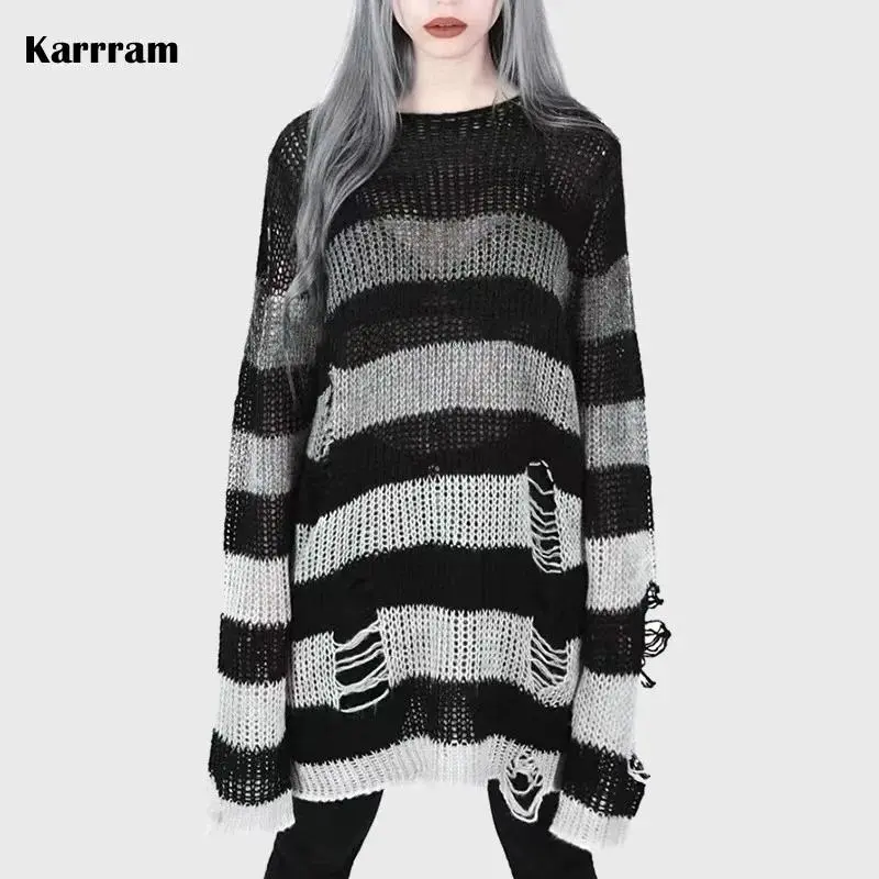 Karrram Punk Gothic Sweater Emo Tops E-girls Mall Goth Pullovers Harajuku Grunge Clothes Alt Dark Aesthetic Striped Jumpers