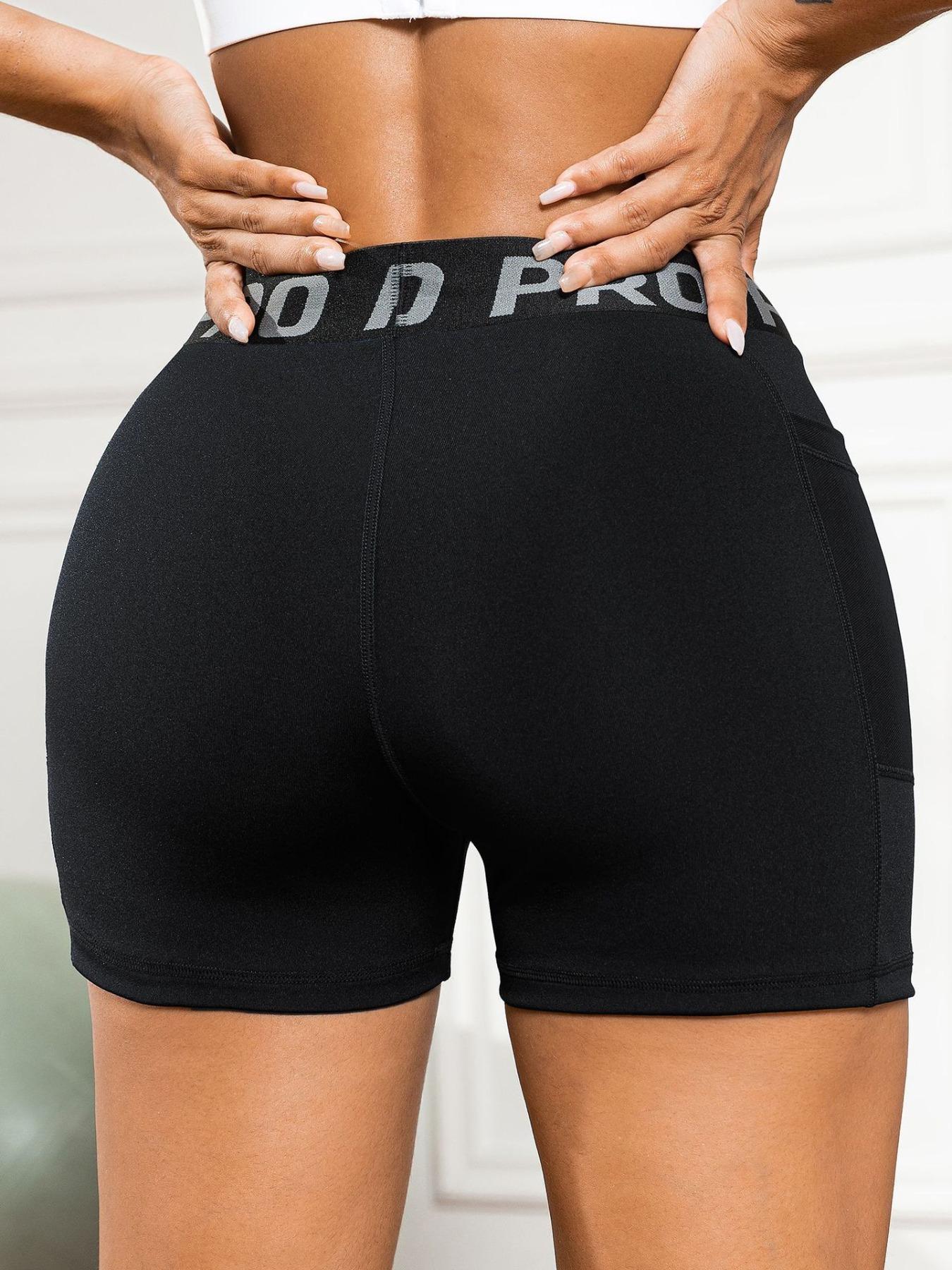 Women's Letter Tape High Waist Sheer Pocket Design Sports Gym Shorts, Casual Breathable Quick Drying Skinny Shorts, Biker Shorts, Ladies Sportswear for Indoor Outdoor Wear, Fall Outfits, Fallfreshness, Gym Clothing, Side Pocket Shorts