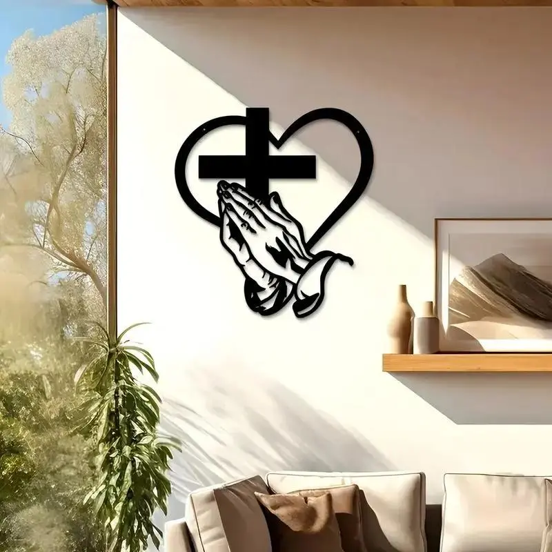 Elegant Metal Christian Heart & Cross Wall Art, Iron Crafted Praying Hands Design, Devotional Home Decor, Aesthetic Appeal