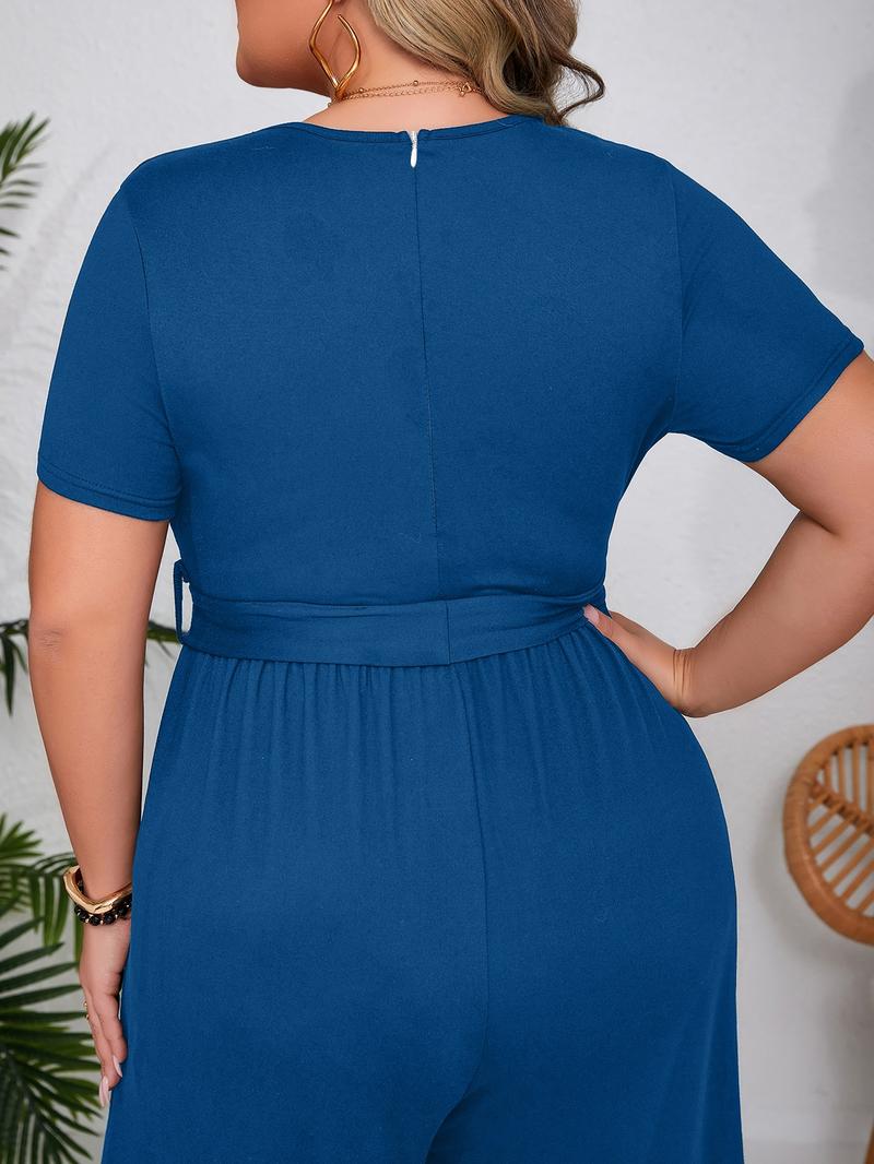 Plus Size Solid Wide Leg Jumpsuit, Elegant Square Neck Belted Jumpsuit for Daily Outdoor Wear, Women Plus Clothing for All Seasons