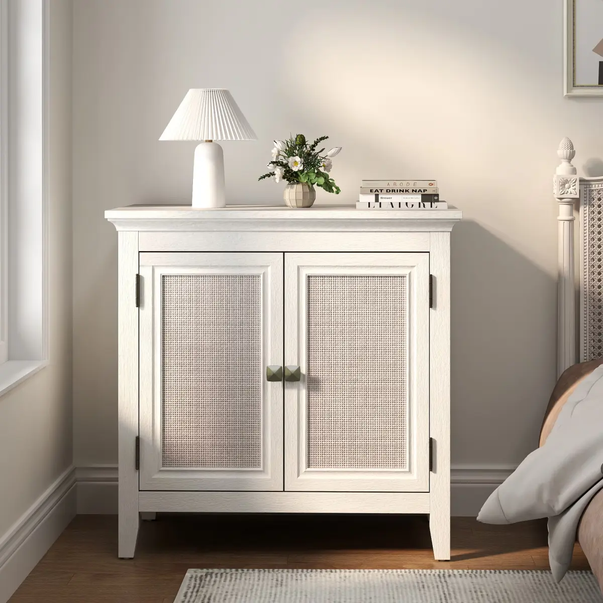 Storage Cabinet, Kitchen Sideboard Cabinet with Rattan Decor Doors, Accent Buffet Cabinet with Adjustable Storage Shelf, Wood Cabinet Organizer for Hallway, Dining Room, Living Room, White