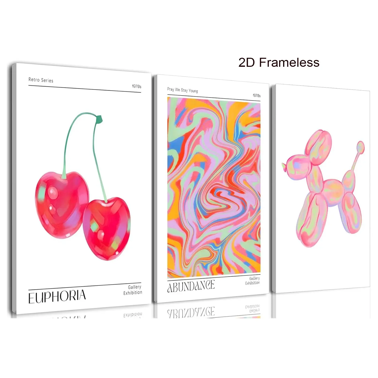 3-piece set of pink preppy-style wall art featuring a stylish and cute balloon dog and cherry poster—abstract mood canvas prints, modern colorful artwork, and retro pop art decor to add vibrancy to your living room or bedroom: frameless 2D posters