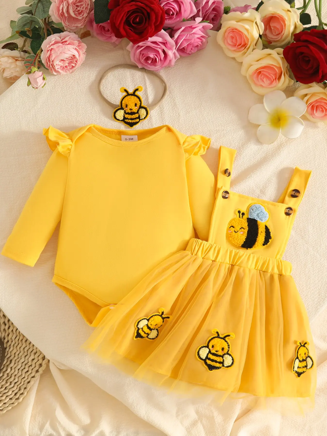 Adorable Bee-Themed Three-Piece Set for Baby Girls, Long Sleeve Bodysuit + Mesh Skirt + Hairband, Spring & Fall Daily Wear, Baby Clothing