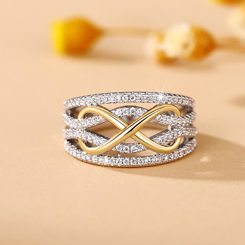 Glimmer Drop Women's Trendy Infinity Symbol Ring | 8-Character Hollow 3D Design, Two-Tone Gold & Silver Statement Ring | Cubic Zirconia Embellished Fashion Index Finger Ring, Infinite Love Character Stylish Jewelry for Daily & Party