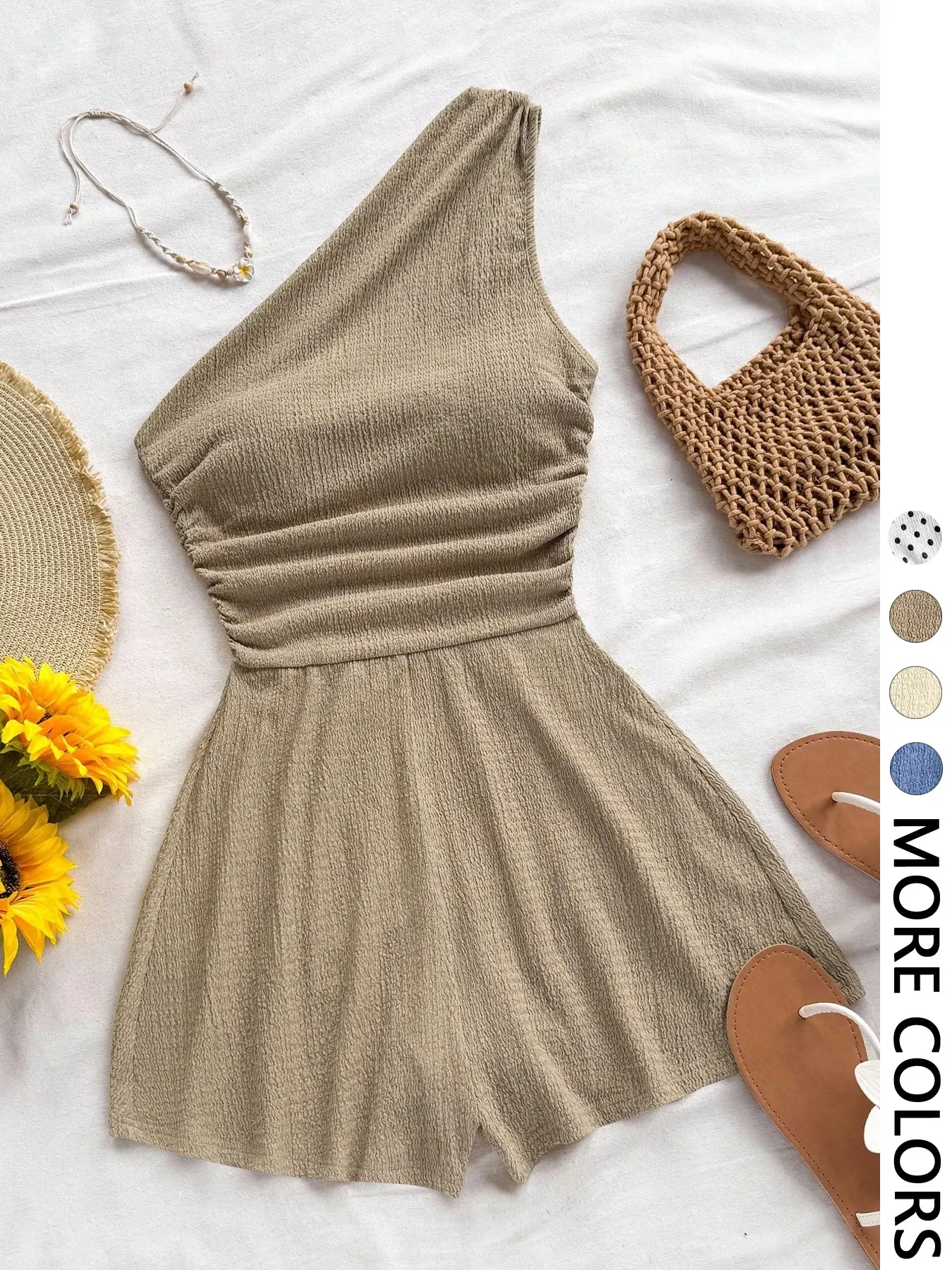 1PC Women One Shoulder Romper, Pleated Rompers, Cute Rompers, Textured Crinkled Fabric Ruched Waist Asymmetrical Neckline Wide Leg Shorts, Breathable Lightweight Stretchy Comfortable for Daily Casual Vacation Beach Party, Casual Minimalist Resort