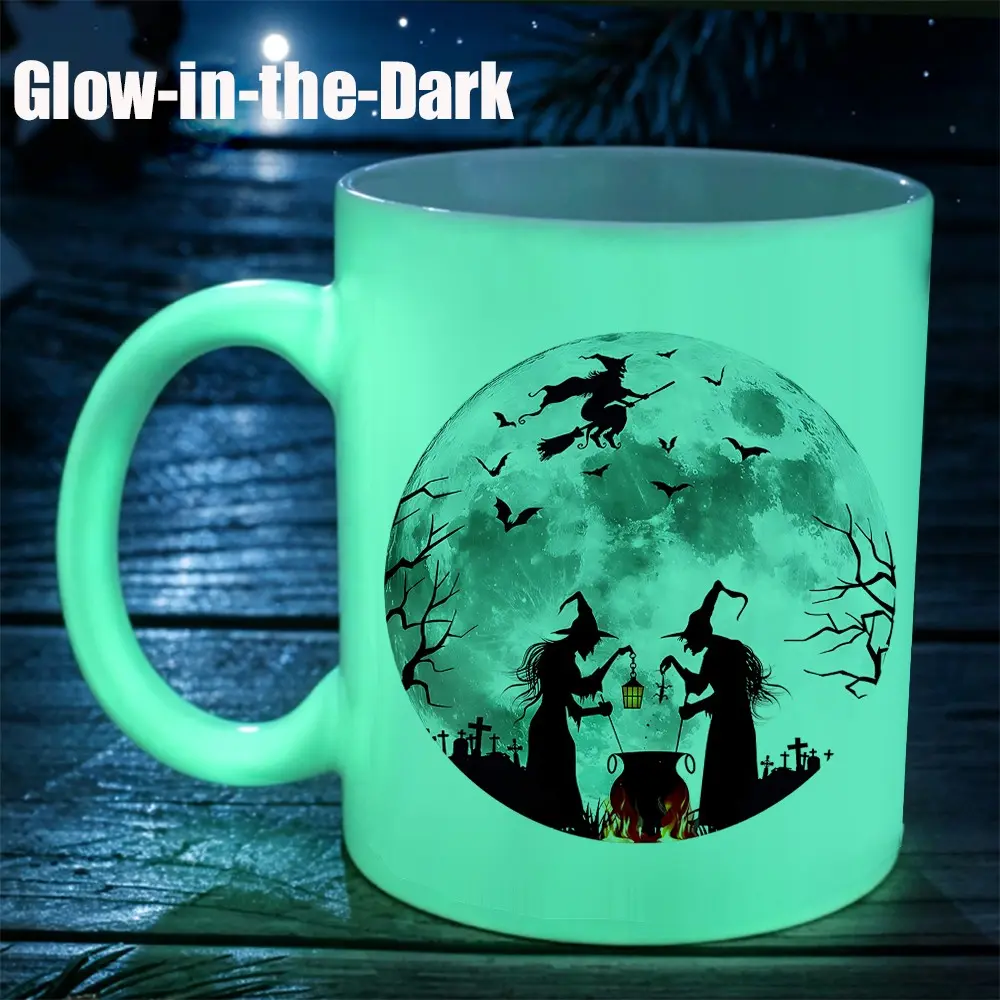 Glow in Dark Coffee Mug with Full Moon Witch, Bat & Graveyard Silhouette for Halloween Party, Witchcraft Coffee Cup, Tea Cup, 11oz