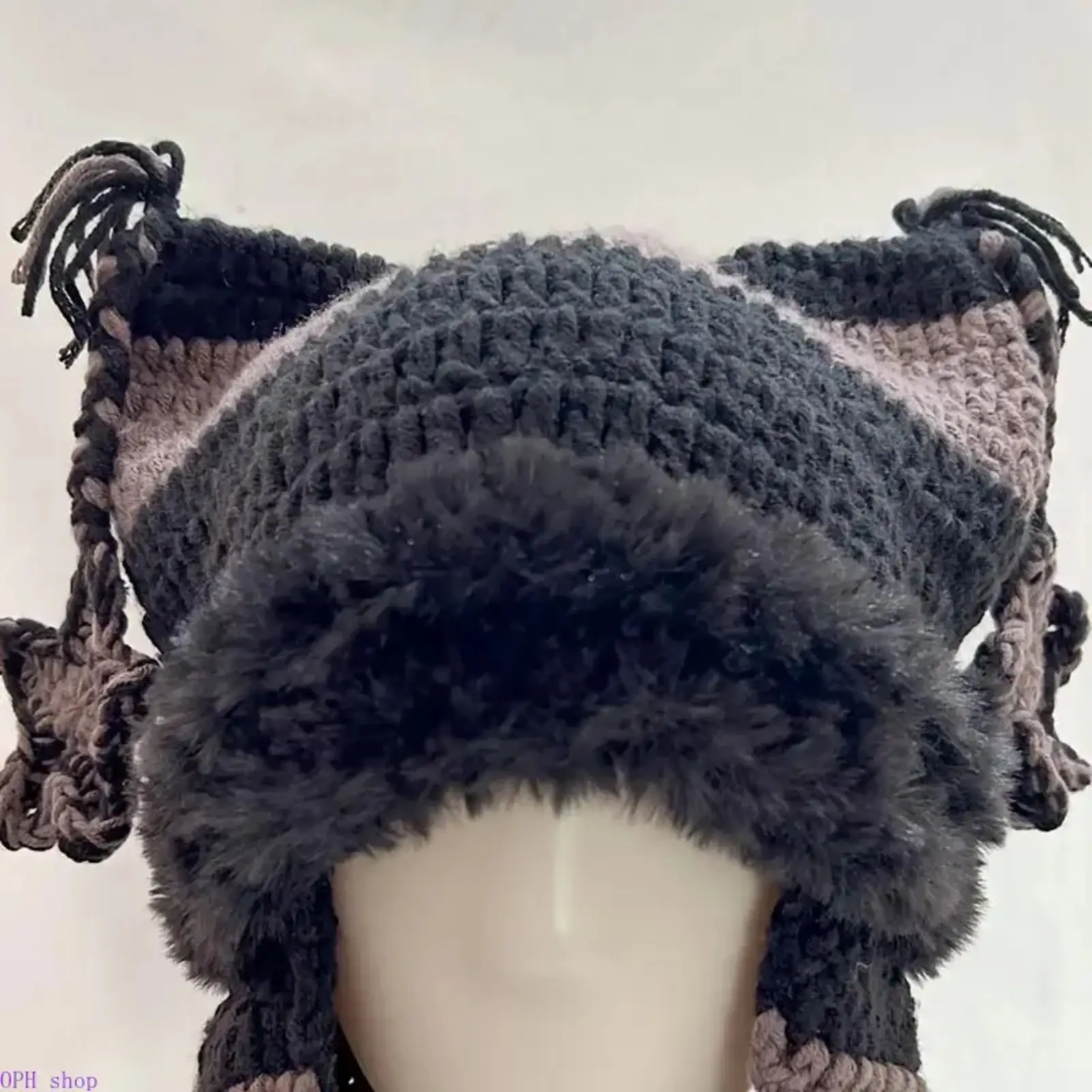 Unisex Handcrafted Chunky Yarn Winter Beanie - Faux Fur Lined, Thick Windproof Headwear with Ear Flaps, Tassels for Men Women Outdoor Cold Weather Daily Use