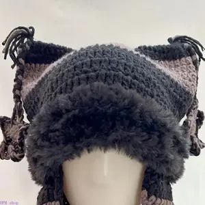Unisex Handcrafted Chunky Yarn Winter Beanie - Faux Fur Lined, Thick Windproof Headwear with Ear Flaps, Tassels for Men Women Outdoor Cold Weather Daily Use