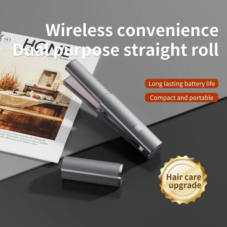 Portable wireless hair straightener, dual-use for straight hair and curly hair.Type-C charging (2600mAh battery), 40W high power.Fast heating in 20 seconds, 3-speed temperature setting.Anti-scalding shell.An ideal gift for girls.
