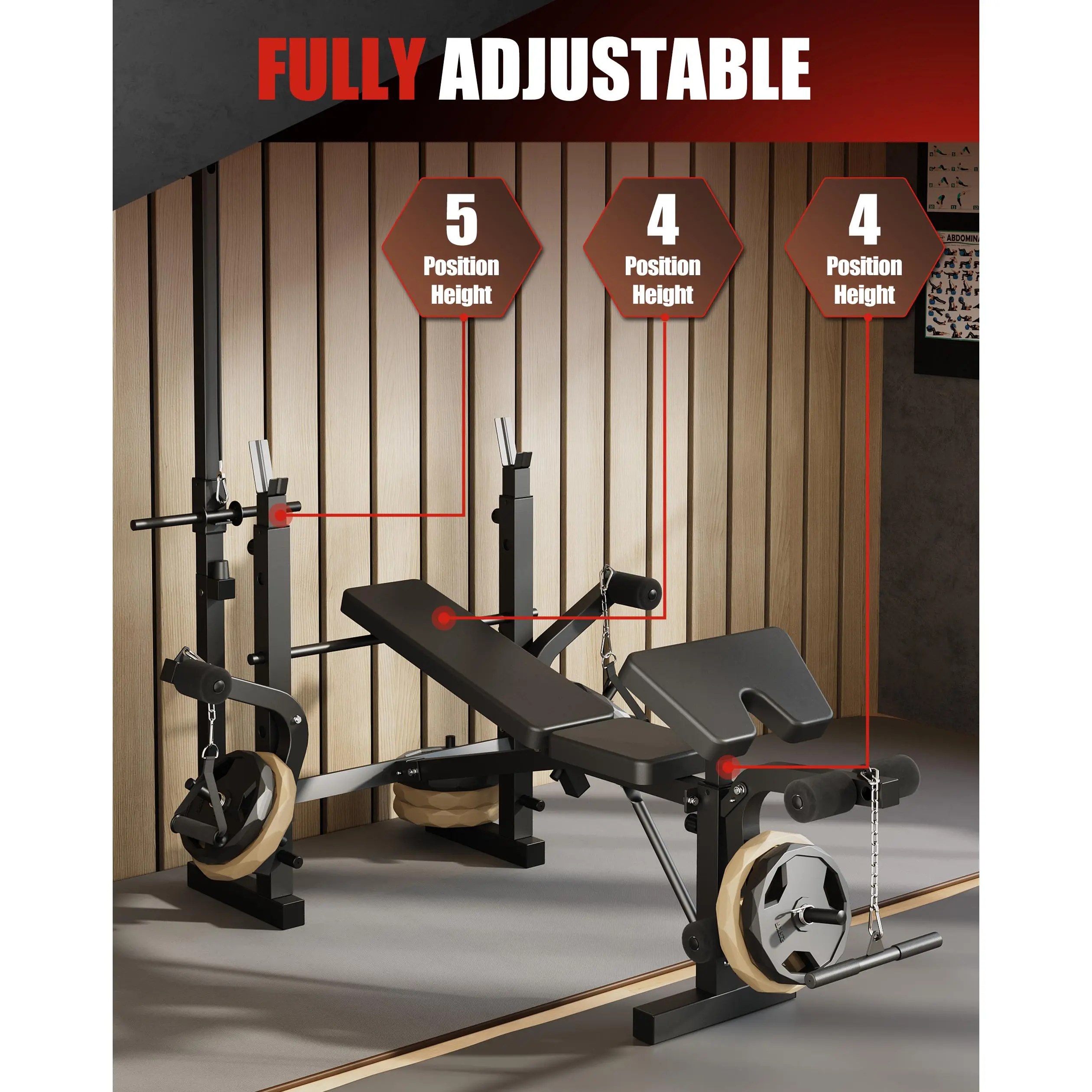 7-in-1 Adjustable Weight Bench Set for Home Gym – Collapsible Bench Press with Squat Rack, Leg Extension, Preacher Wave Pad, Lat Pulldown – Multi-Function Strength Training