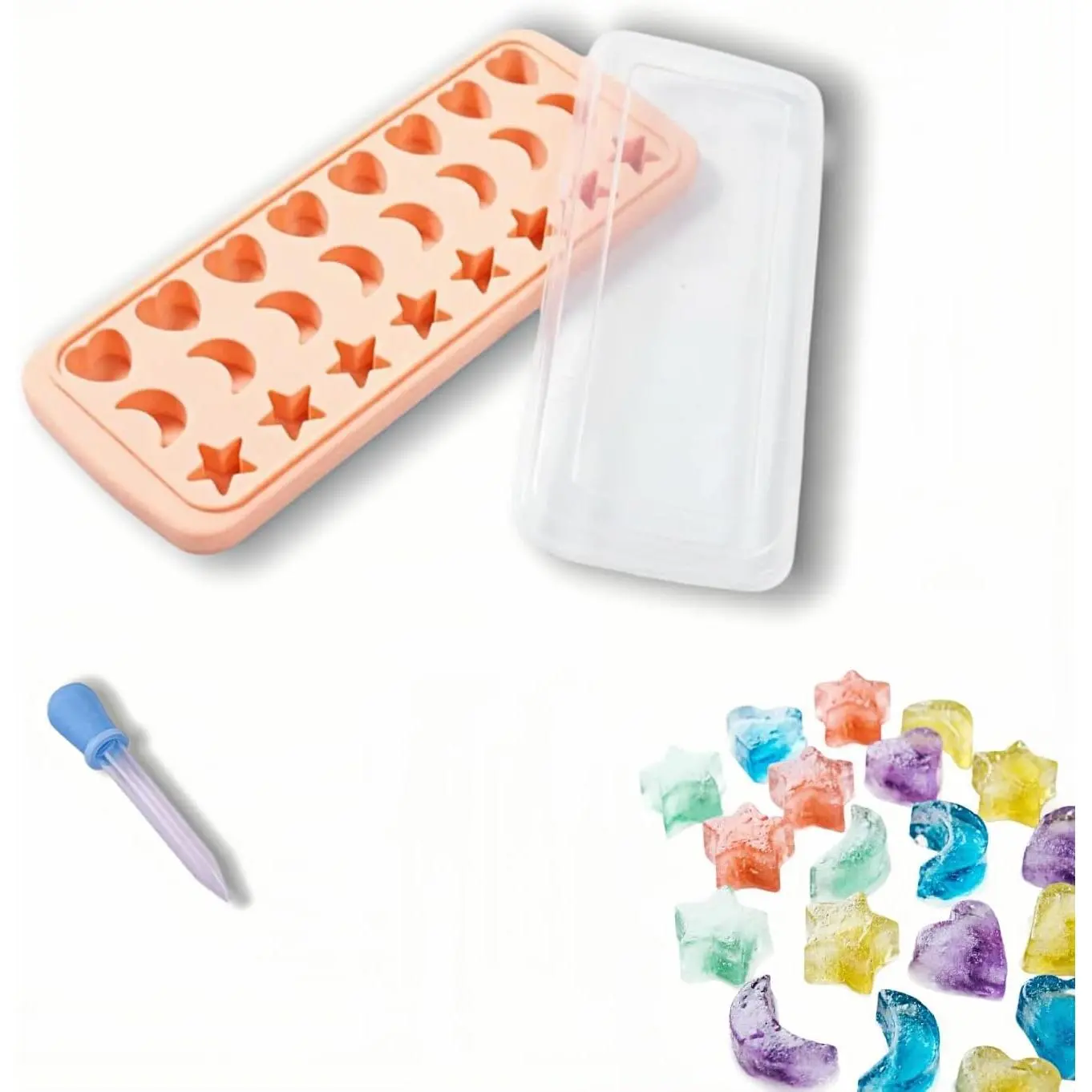 24-Cavity Romantic Shaped (Stars, Moon, Heart) Durable Flexible Utensils Mold with Lid & Dropper, Easy-Release Tray for Freezer & Baking