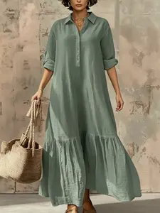 A women's fashionable, gentle, casual, lazy style solid color dress with a shirt collar twist button design, suitable for summer, daily commuting, beach travel, dates, picnics, etc.