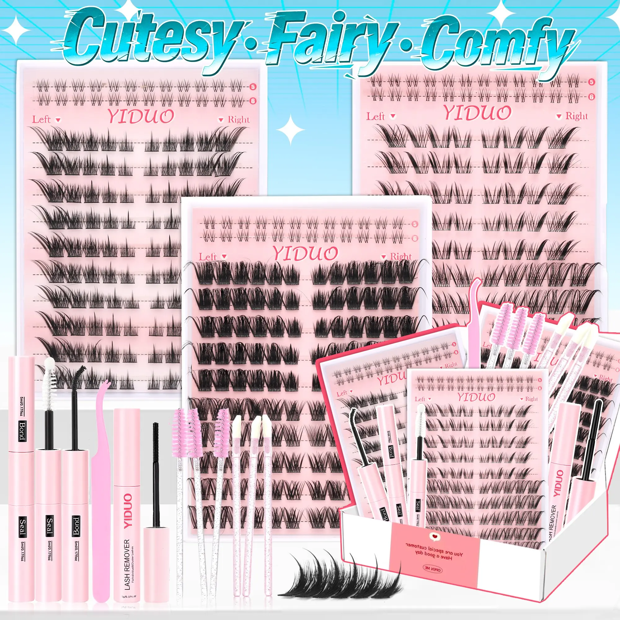 YIDUO Fox Eye Pre-Mapped Lash Cluster Set – 3 Styles (Spike/Wispy/Fairy), 382PCS C-Curl with Cotton Band. Complete Kit with Bond, Seal, Remover, Tweezers & Brushes for Easy DIY at Home.
