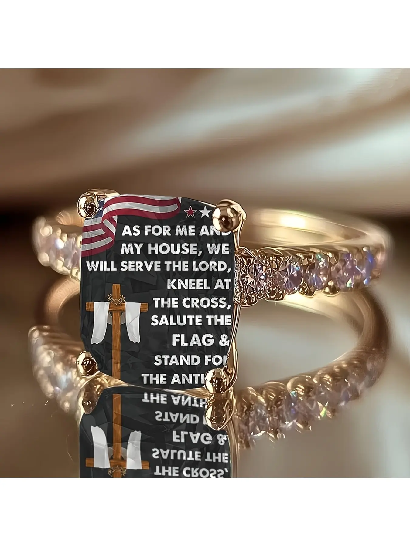 Flag Cross Motif Embroidered Ring, black base with American flag, wooden cross and faith-themed English text, set with diamonds and gold band, American patriotic and faith-themed jewelry