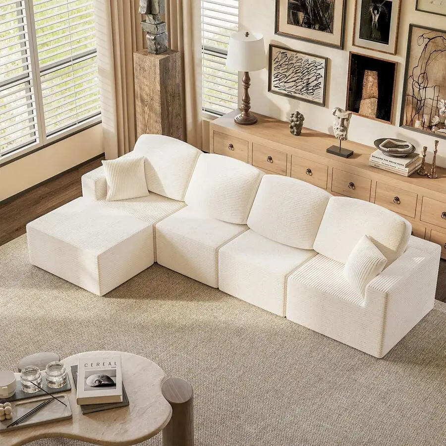 Flamaker 126'' Modular Sectional Couch, Modern L-Shaped  Sofa, Comfy Corduroy Couch, Upholstered Boneless Combination Sofa Living Room, Apartment