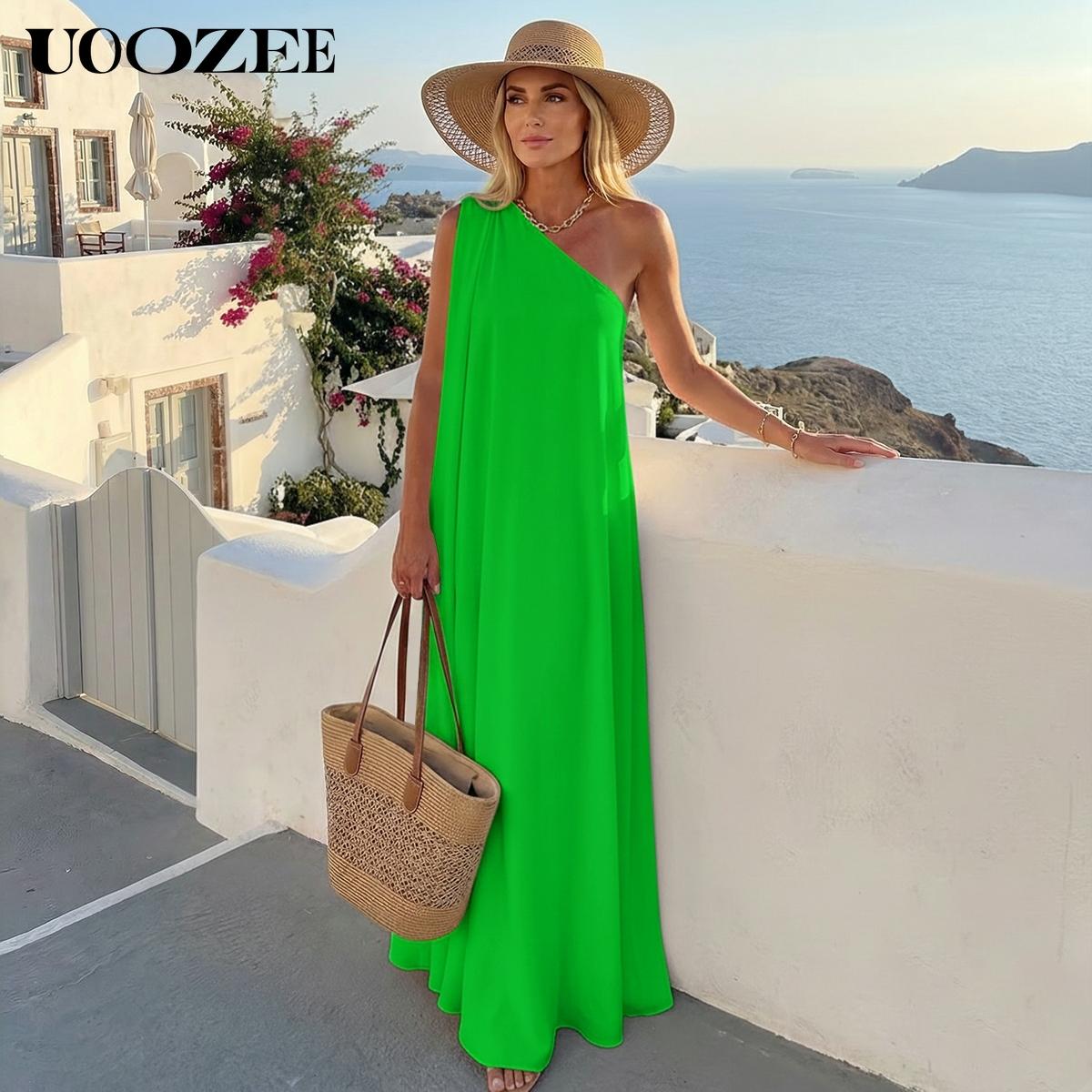 UOOZEE Women's Casual Loose Asymmetric Solid Color Split-Joint One-Shoulder Maxi Dresses, Party, Holiday Elegant Style, Chiffon Fabric, birthday outfit One Size Up Recommended for C - Cup and Above