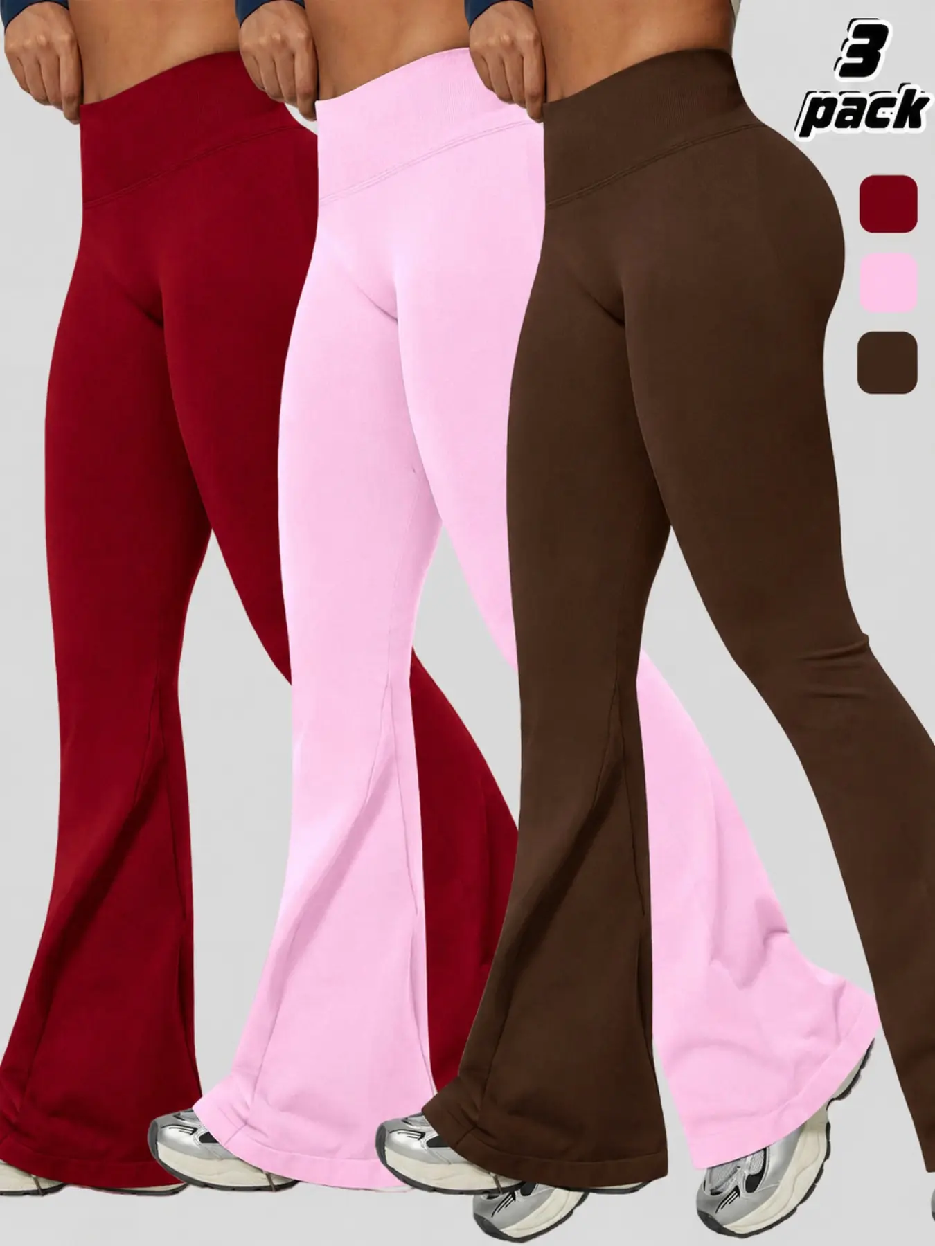 Multi-pack, Women Seamless High Waist Butt Lifting Yoga Flare Pants, 3-Segment Waist Peach Hip Slimming Design, Ribbed Waist Micro Flare Fitness Trousers for Yoga Running Daily Casual Streetwear