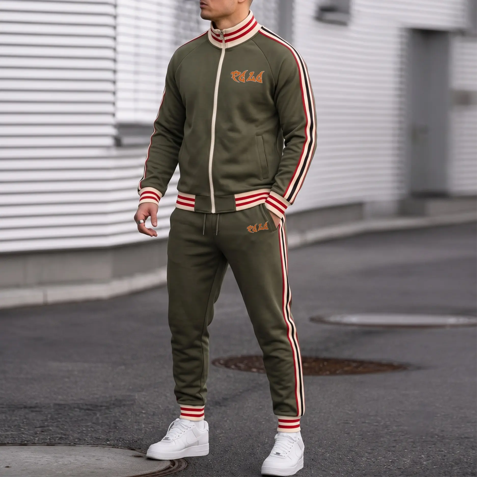 Men’s Retro Letter Graphic Tracksuit Set, Zip Stand Collar Jacket and Drawstring Jogger Pants, Contrast Stripe Casual Athletic Streetwear Two-Piece Outfit for Daily Wear, Travel and Workout