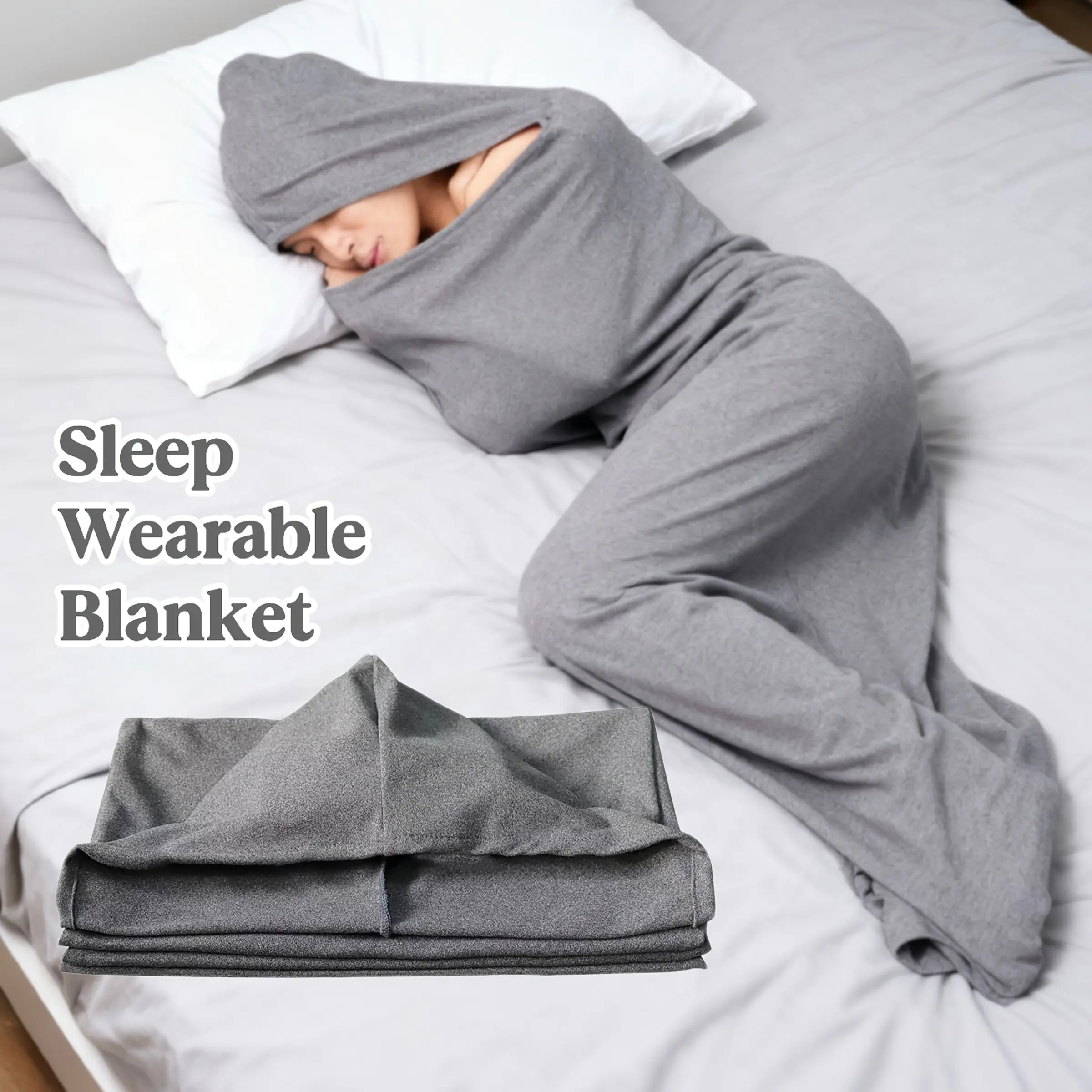 Hooded Sleep Pad 🛌 - Wearable Blanket with Cozy Hood, Fleece Fabric Weighted Blanket Alternative, Cool Touch & Machine Washable, Adult Gray Comfort Blanket, Black Friday Deal: Holiday Gift