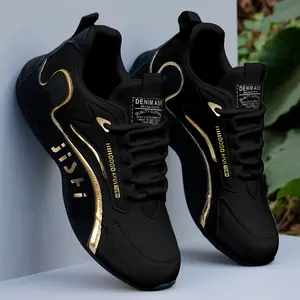 Men'S Fashion Sneakers - Casual Athletic Shoes with Golden Accents, White PU Upper, Black And Golden Design, Perfect Casual Outfits And Outdoor Activities