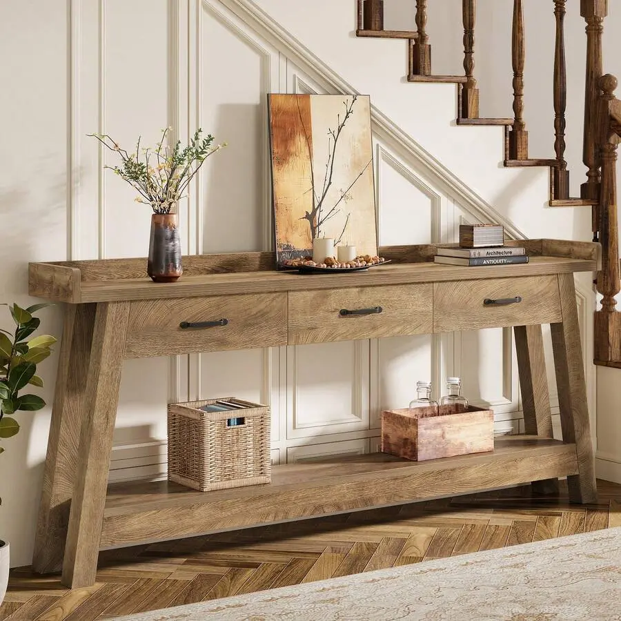 70.9-Inch Extra Long Sofa Console Table With 3 Drawers, 2-Tier Farmhouse Entryway Table With Raised Baffle And Storage Shelves Living Room, Couch, Hallway, Foyer, Entrance, Rustic Brown