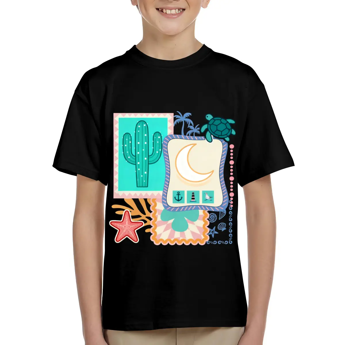 Cactus Turtle Moon Starfish Nautical Print Kids Short Sleeve T-Shirts Cotton Soft Breathable Crewneck Tees for Boys Girls, Loose Fit Comfortable Basic Tops for 6-15 Years Summer School Casual Wear