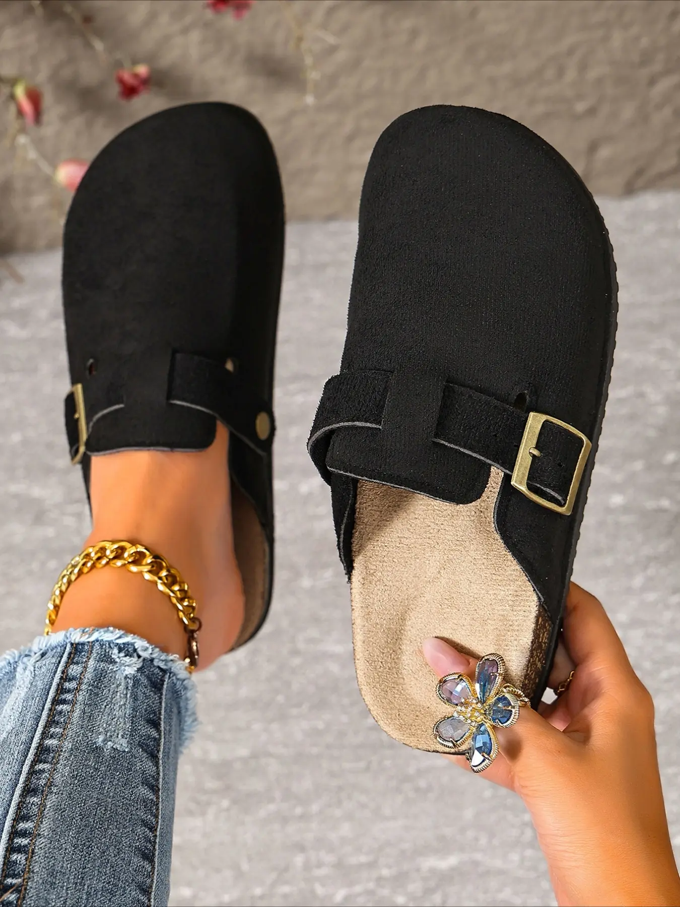 Closed toe birken mules with metal buckle, soft cork insole, three colors, lazy commuter slip-on casual women slide shoes