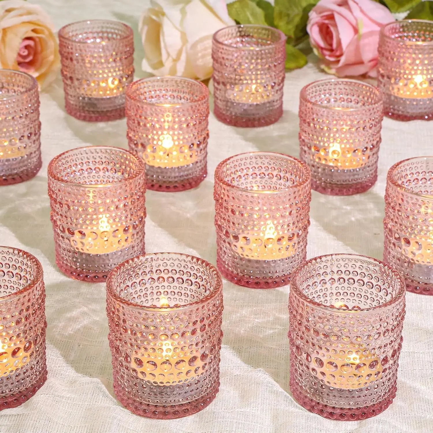 24pcs Votive Candle Holders, Pink Glass TeaLights Holder Bulk | Candle Holders for Table Centerpieces, Wedding Shower, Bridal Shower, Party and Home Decor