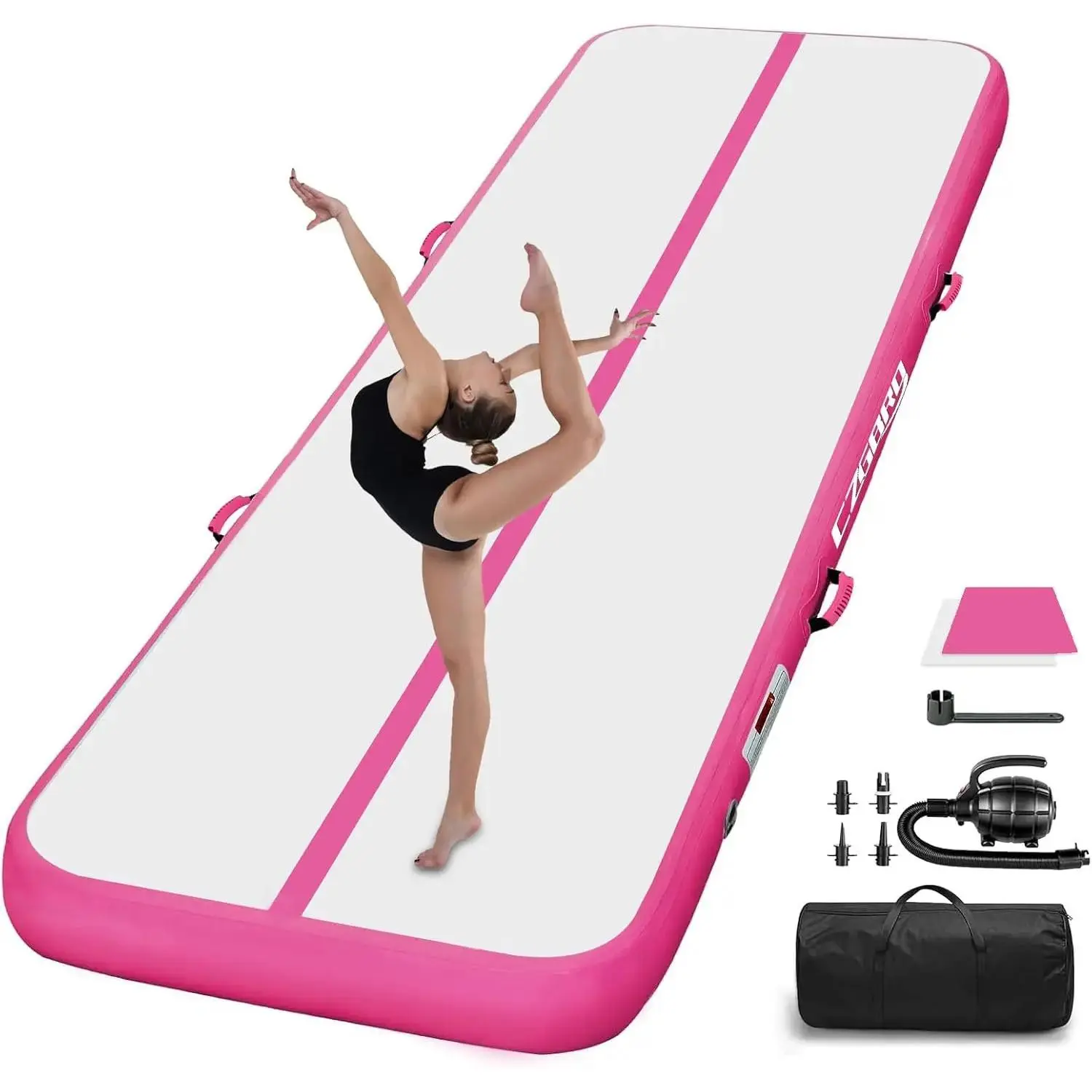 Air Mat Tumble Track with Electric Air Pump, Gymnastics Mat for Cheerleading, Water Activities Use - Easy to Transport, Colorful Center Line, 4 Carry Handles