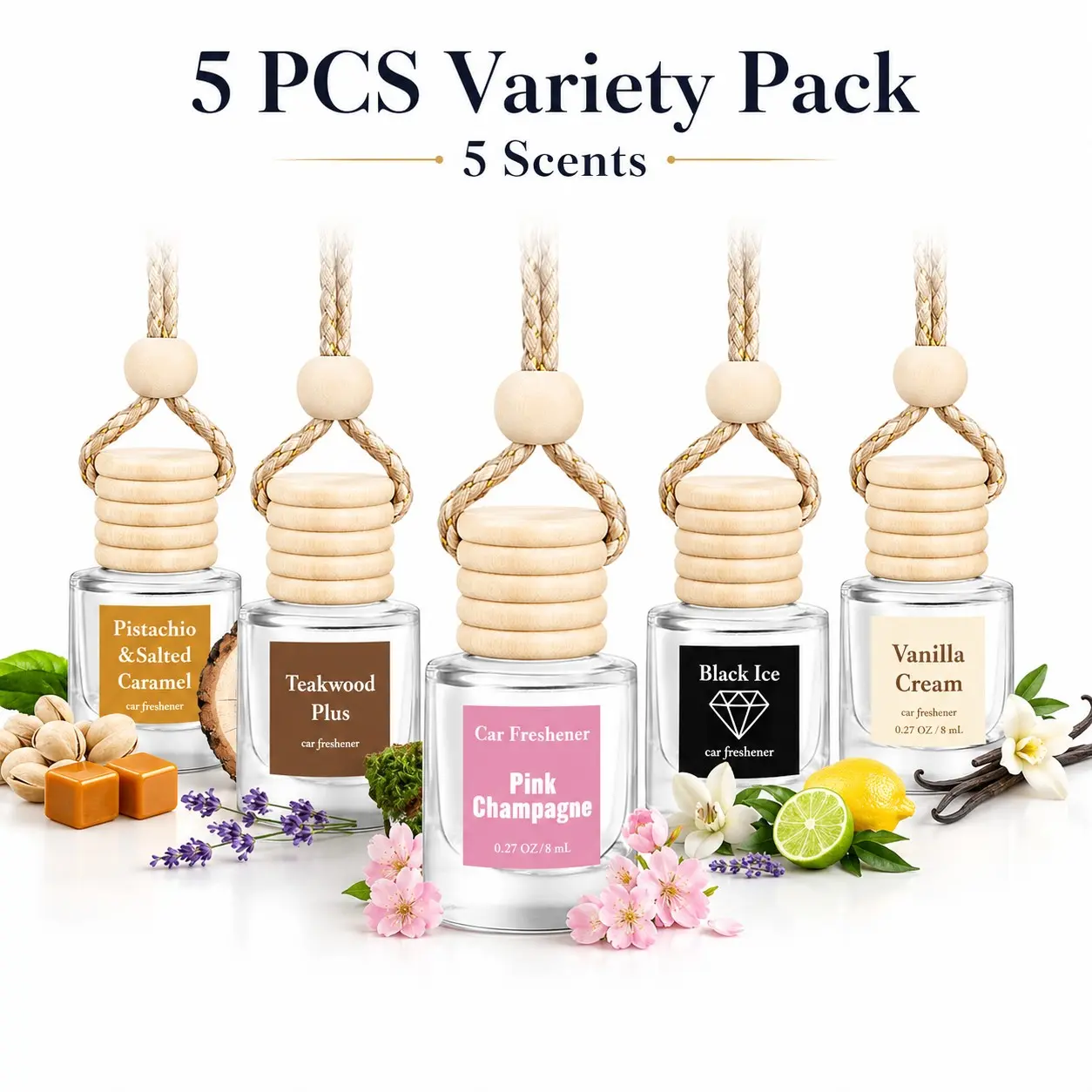 5 Pcs Car Air Freshener Hanging Diffuser Bottles, 8 Ml Glass Fresheners, Wooden Cap & Braided Cord, Variety Scents for Car, Office, Bathroom, Car Fragrance Set, Car Diffusers