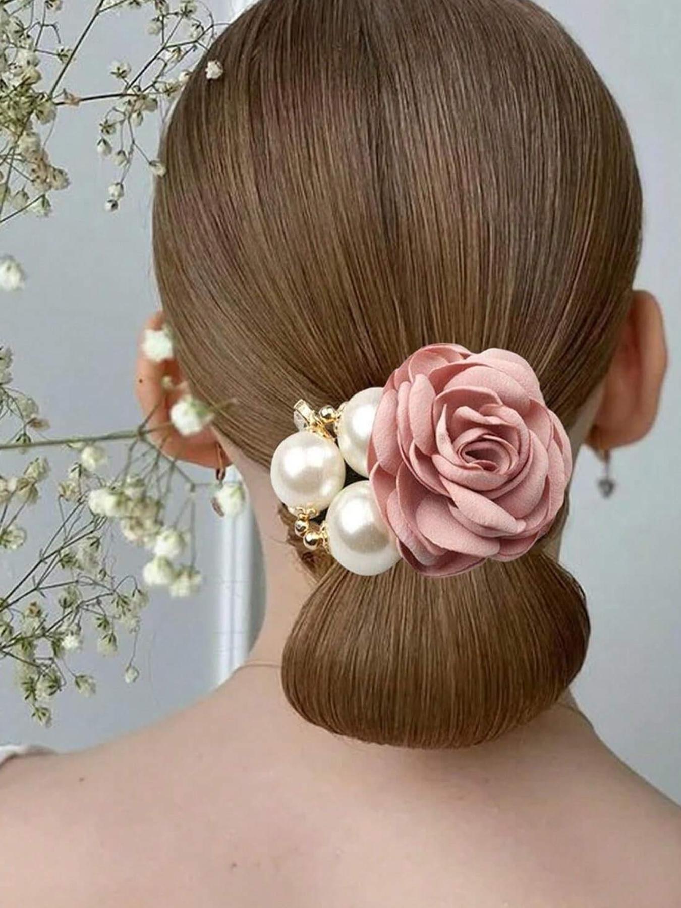 Mother's Day Gift Faux Pearl Decorated Flower Design Hair Tie, Gifts for Her, Elegant Fashionable Wedding Floral Hair Accessories for Women & Girls, Minimalist Rose Bow Headwear Suitable for Thick Hair, Bowknot, Hair Bows