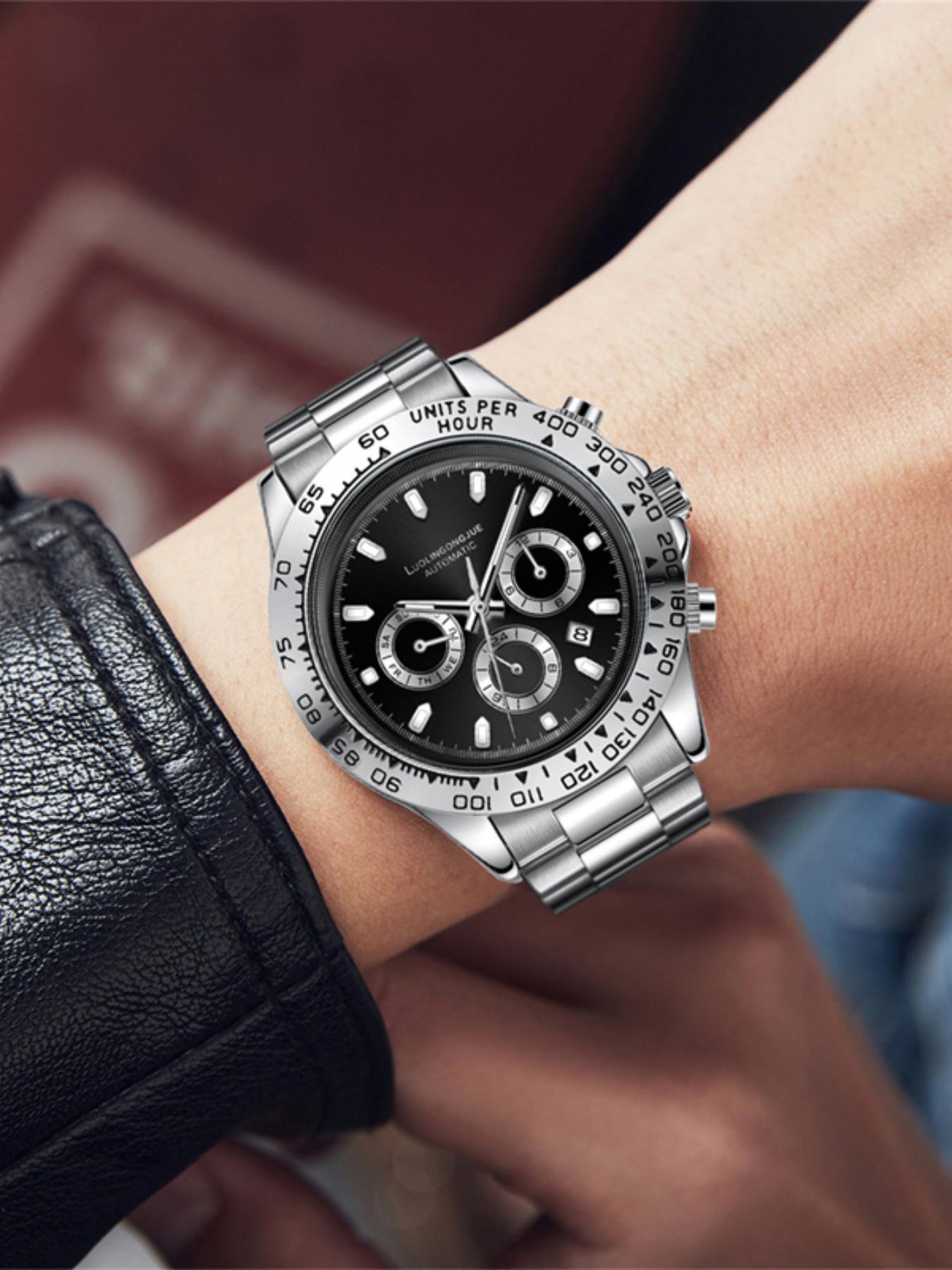 Multi-Function Chronograph Mechanical Watch for Men, Skeleton Stainless Steel Automatic Self-Winding Timepiece with Month, Date, Day, and 24-Hour Display – Luxury Gift for Business & Fashion