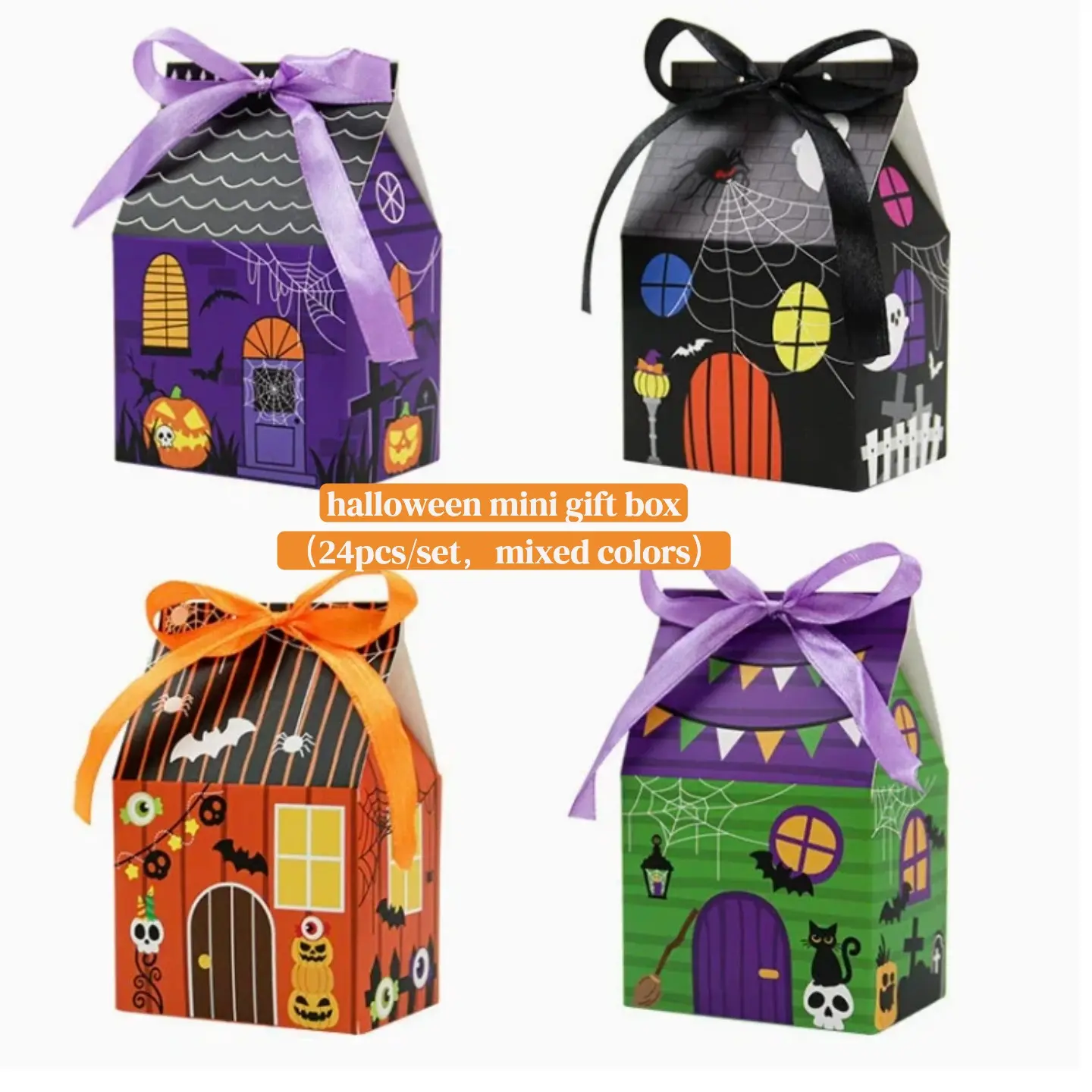 Gift For Her/Him 24pcs for halloween Treat Boxes, 4 Styles Haunted House Paper Gift Boxes with Ribbon, for halloween Gift Boxes for Party Favors, Trick Or Treat Boxes, halloween party Supplies, Goodie Boxes for Halloween