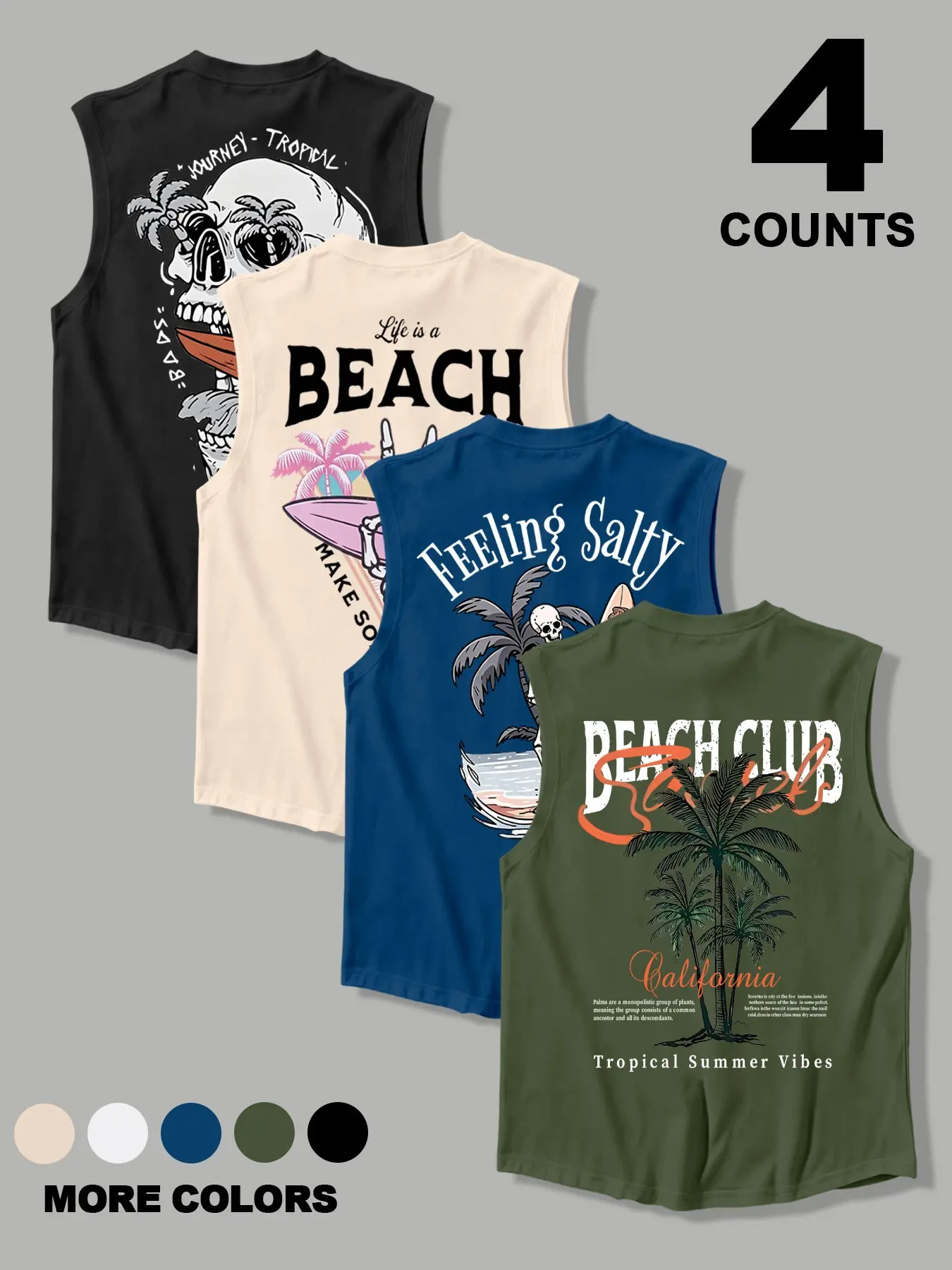 American California Beach Skull Tropical Palm Print Sleeveless Tank Top, Loose-Fit Breathable Sporty Shirt, Men's Summer Vacation Casual Vest, Sleeveless Sports Vests