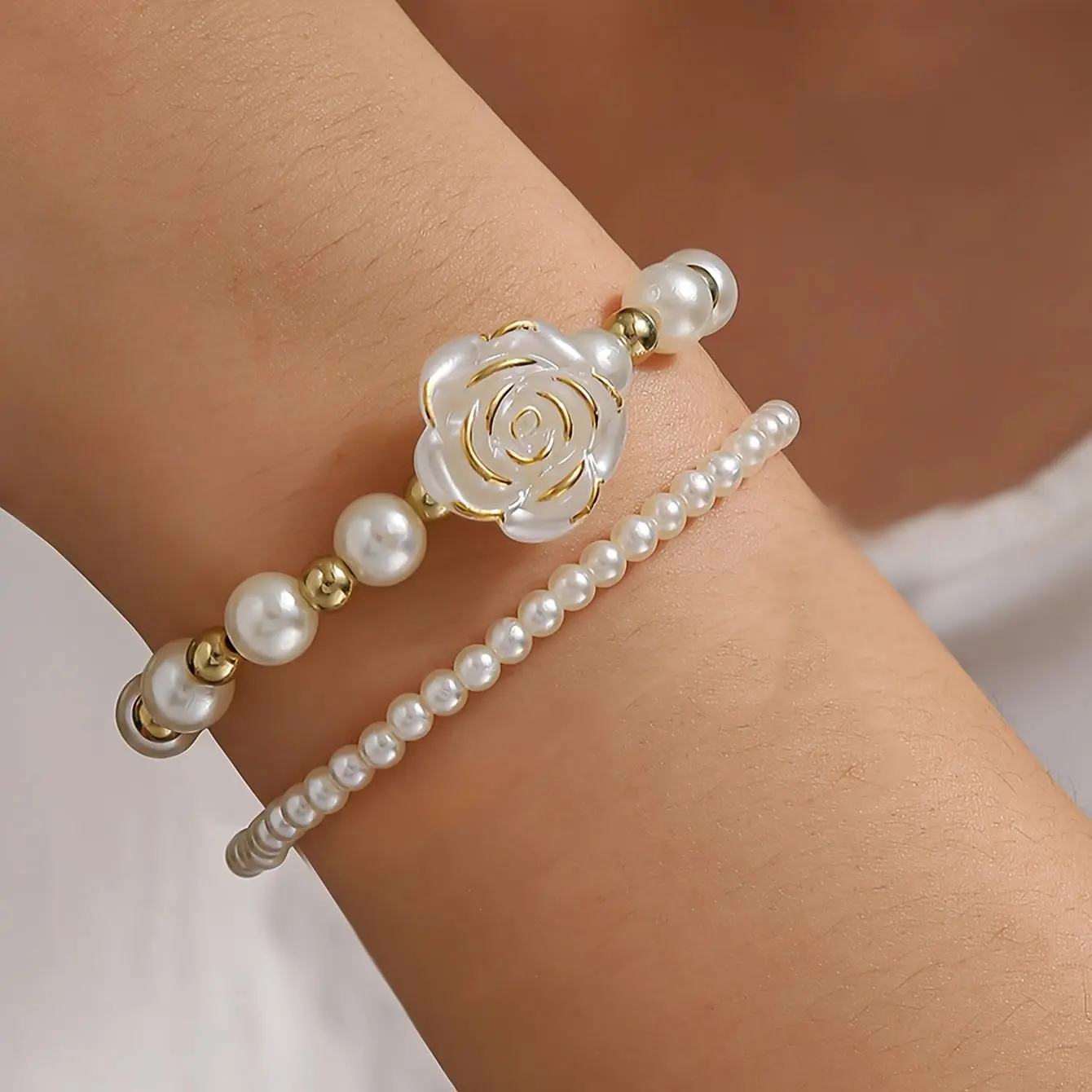 2pcs Imitation Pearl Bracelet Set, Simple and Stylish  Women's Jewelry, Elegant Rose Beaded Bracelet for Daily Wear, Evening Party Accessory