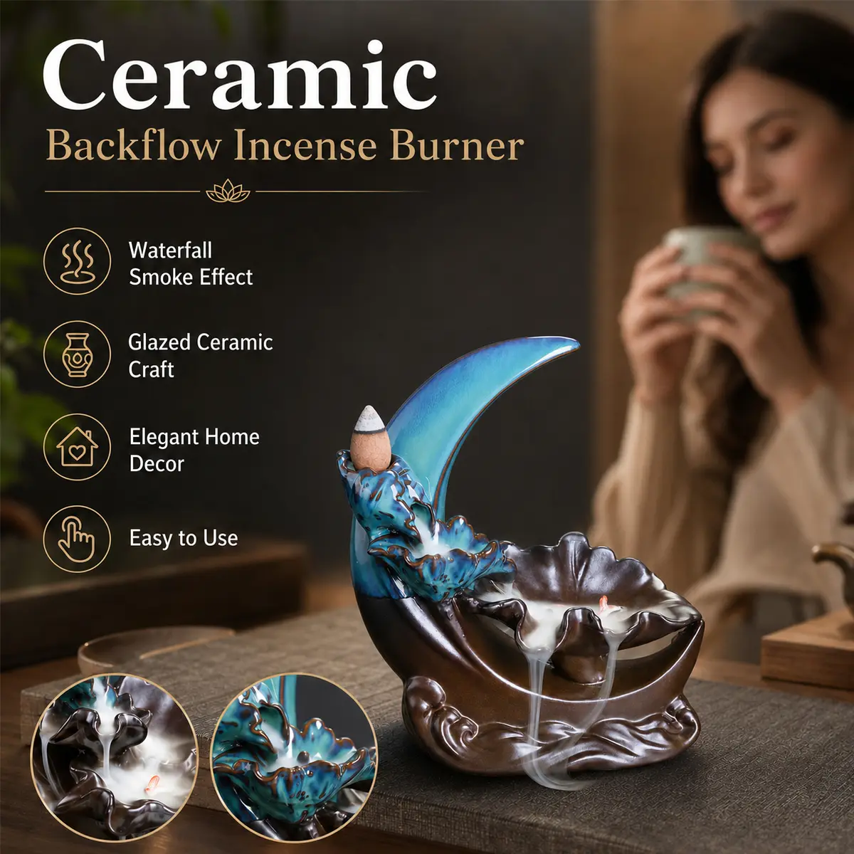 Moon Backflow Incense Burner, Incense Dish, Ceramic Moon Lotus Waterfall Incense Holder with Fish Detail, Handmade Zen Aromatherapy Censer for Incense Cones & Sticks, Fragrance Decor Burner for Home, Meditation, Yoga, Office, Spa Relaxation