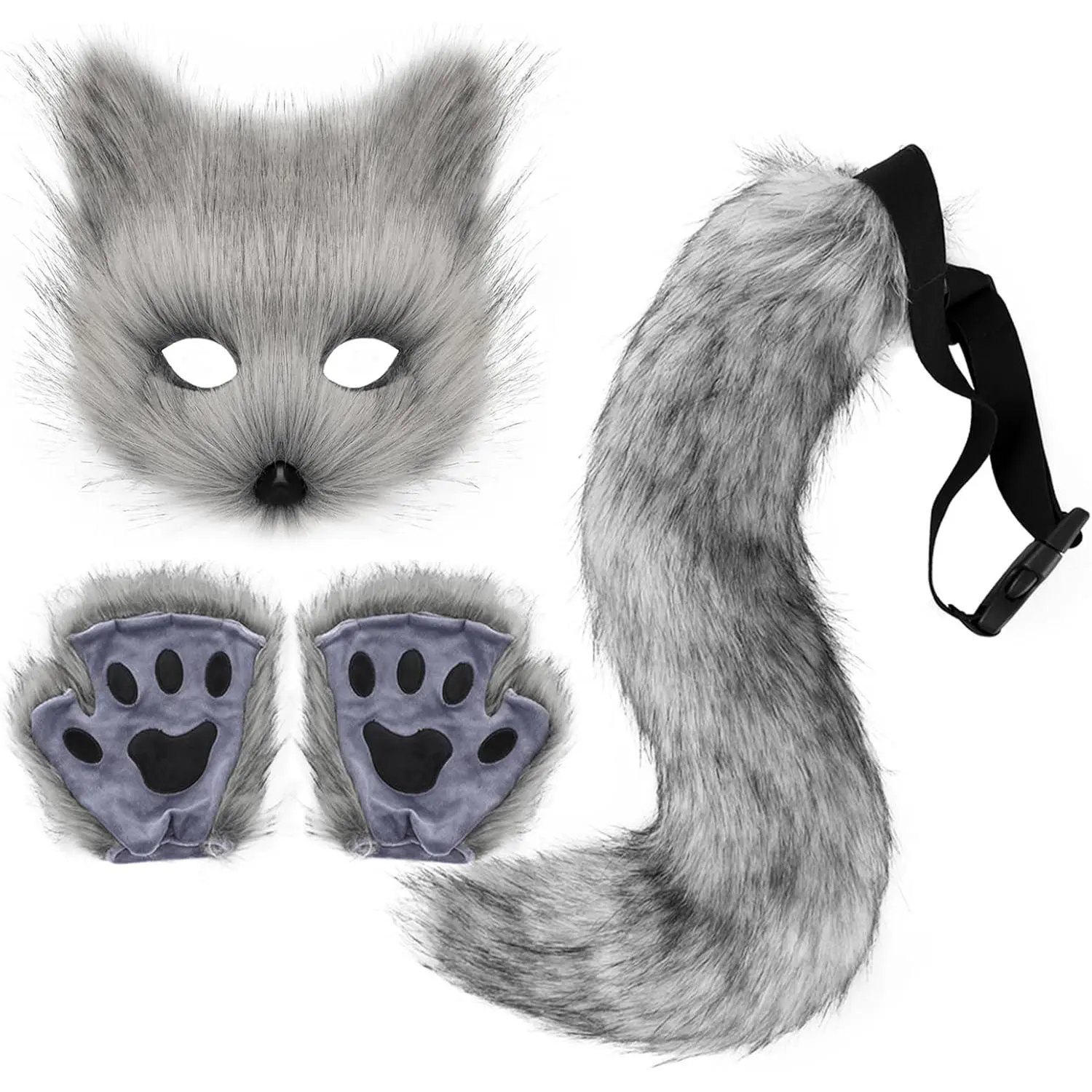 Adolala Faux Fur Fox Tail Cat Wolf Set Plush Mask Fluffy Paw Gloves Halloween Christmas Party for Women