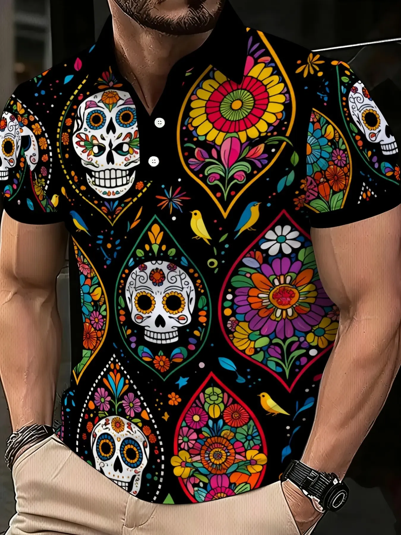 Mexican Day of Dead Tile Art Sugar Skull Polo Shirt, Men's Casual Short Sleeve, Breathable Fitted Top, Y2K Style, Perfect for Parties and Festivals